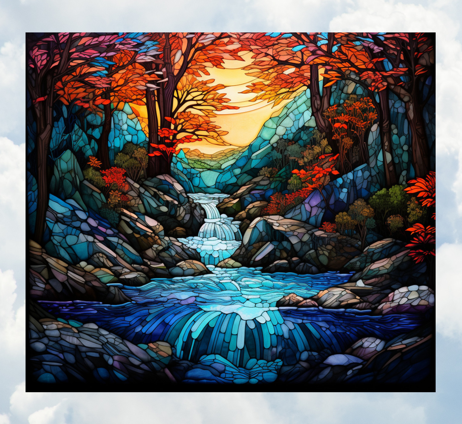Fall Trees & Stream Faux Stained-Glass WINDOW CLING Size 9.1" Vinyl