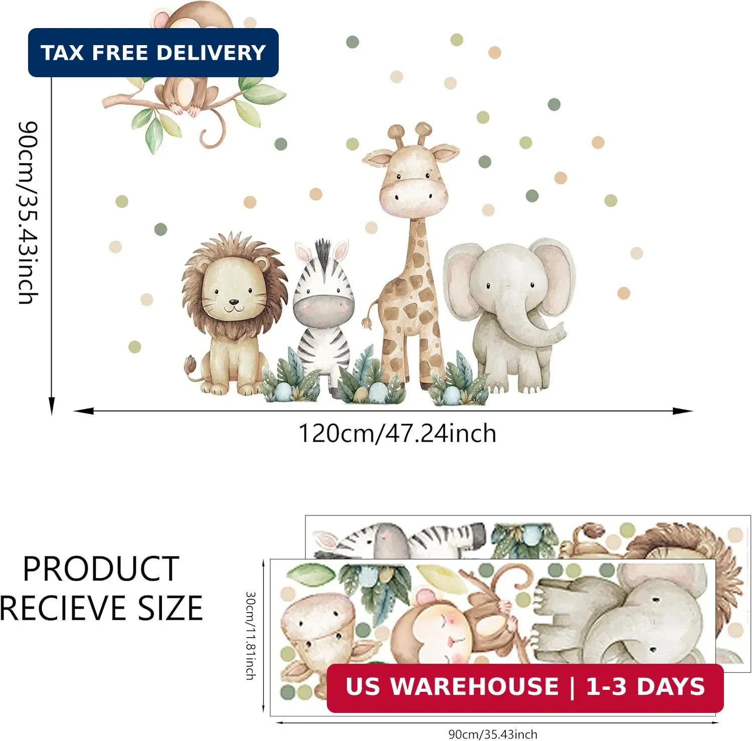 Safari Animals Nursery Wall Decal, Peel and Stick Nursery Mural Jungle Animals L