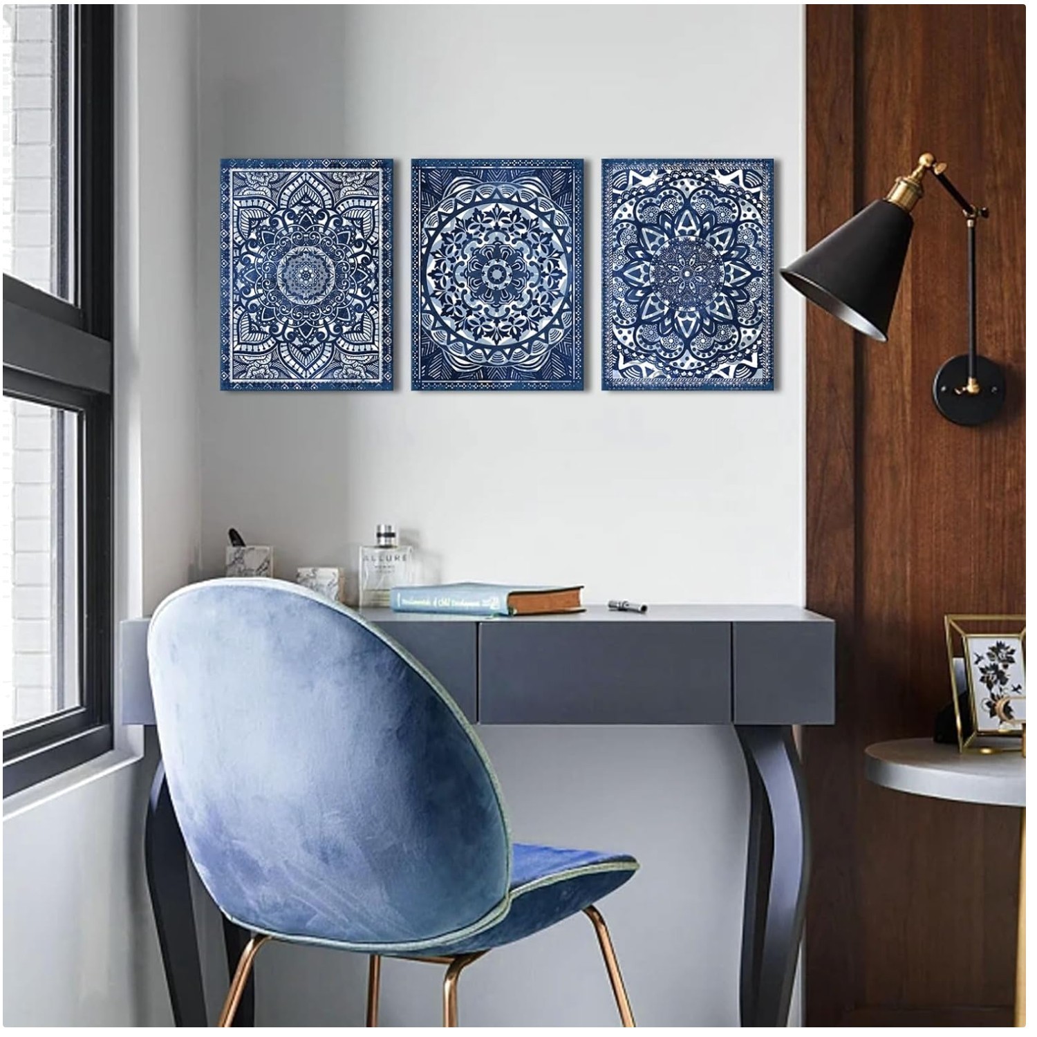 Mandala Art Prints Set – Navy Blue Wall Decor – 12×16 inches