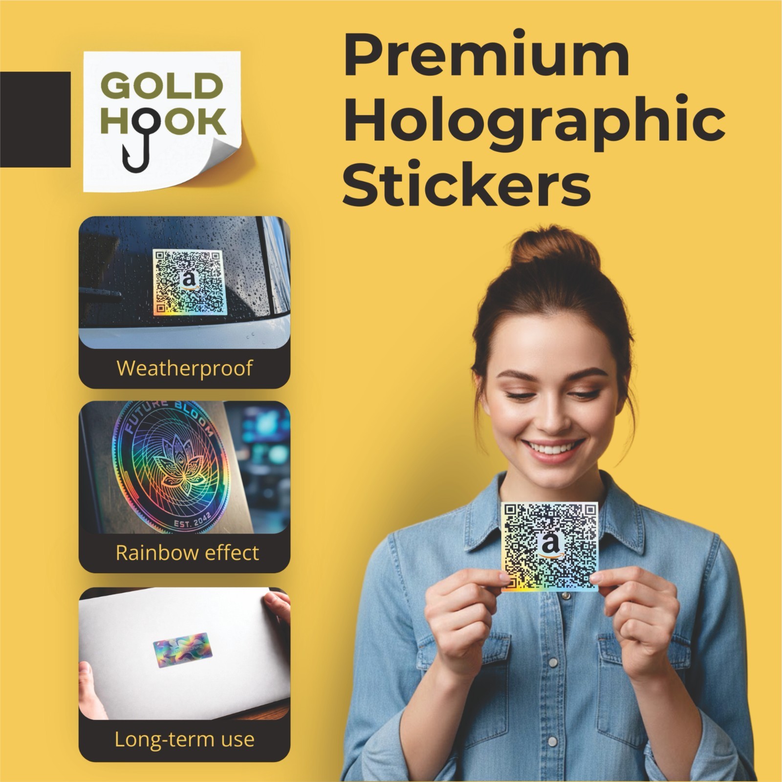 Custom Holographic Stickers, Personalized – Logo, Name, Text, 1.5-5 inch, Qty100