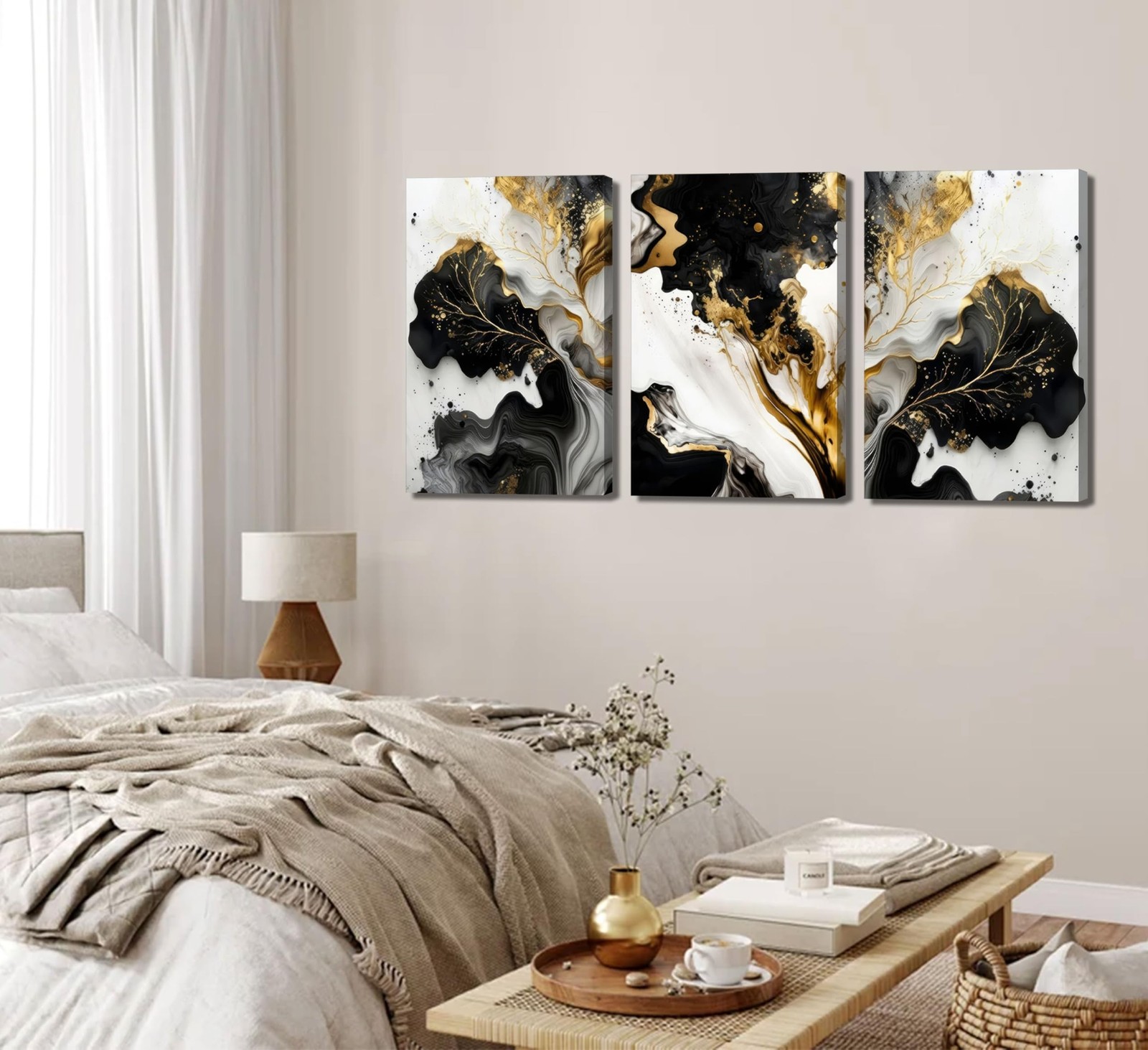 3Pcs Abstract Marble Canvas Wall Art Picture Black White Gold Texture Poster …