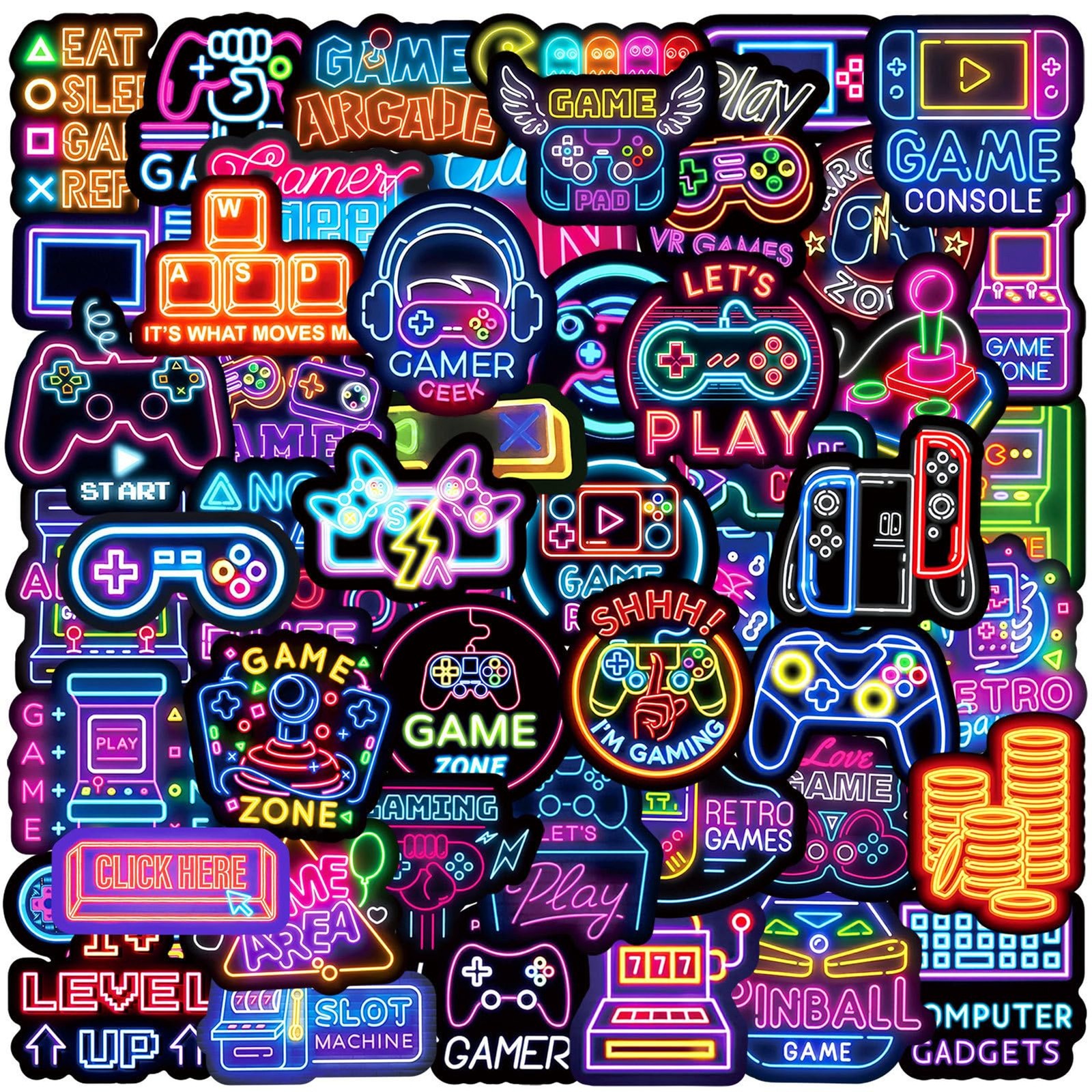 50 Pcs Neon Game Stickers for Kids, Neons Game Controller Decals for Water Bottl