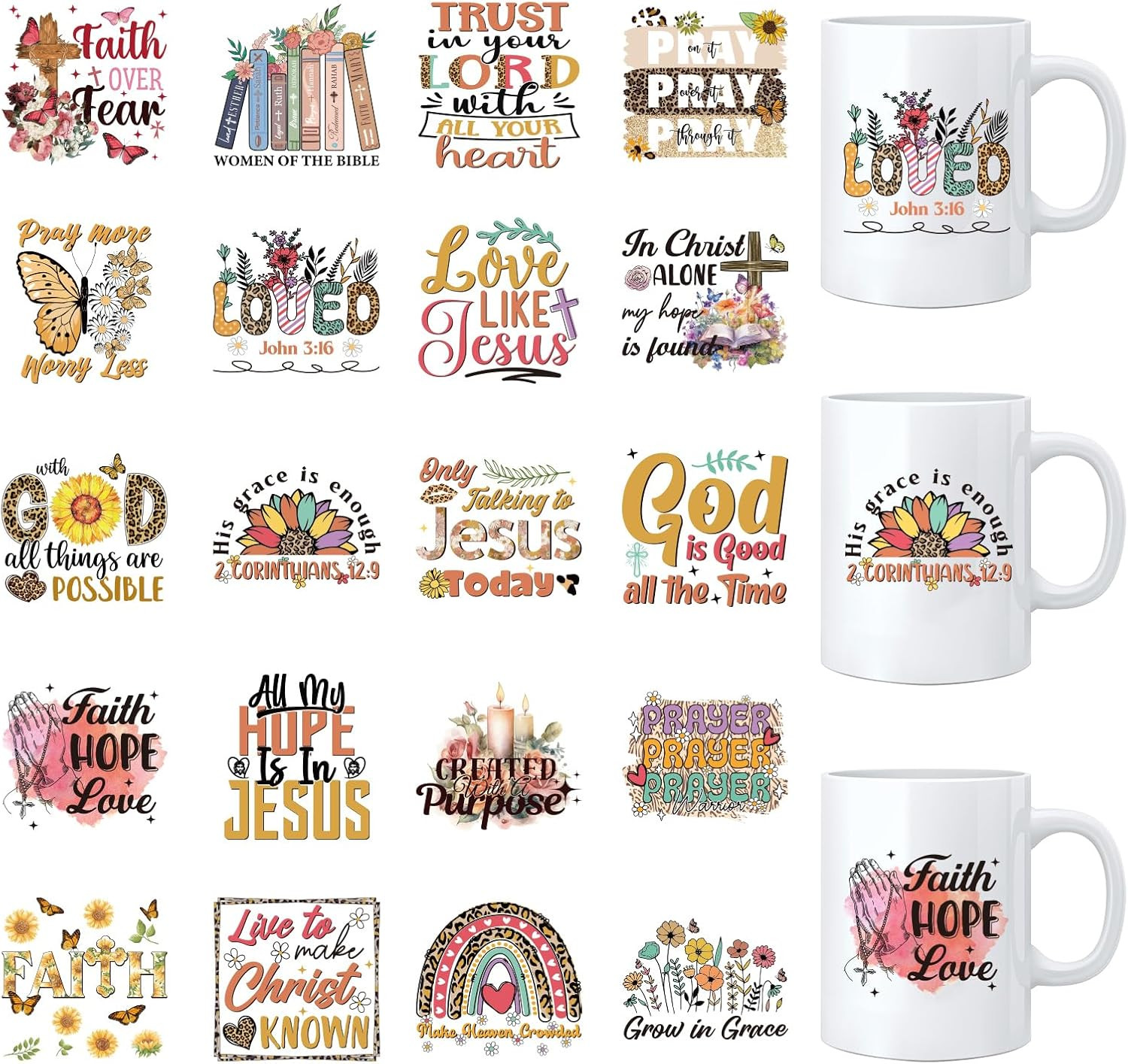Bible Verse UV DTF Stickers – 20 Sheets Boho Christian Inspirational Quotes Uvdt