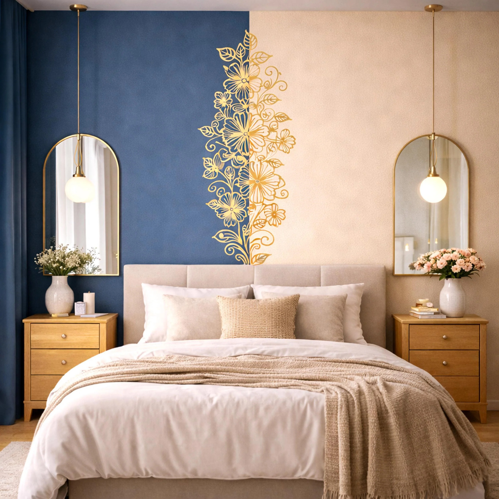 Vertical Gold Floral Wall Decal | Tall Flower Line Art