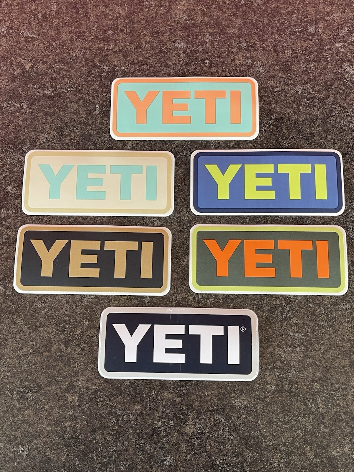 Lot Of 6 YETI Stickers 4in x 2in, 3in x 3in Pink Green Blue Teal Brown Orange