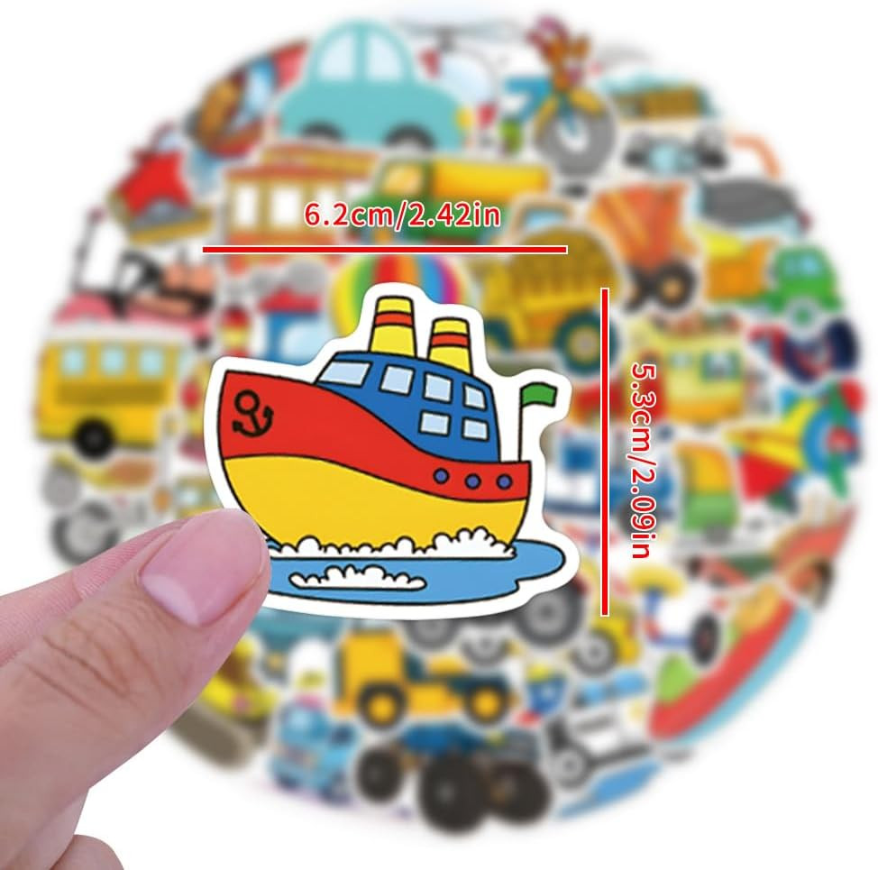 55PCS Cartoon Vehicle Stickers – Cars, Buses, Planes, Ships for Kids & Teens