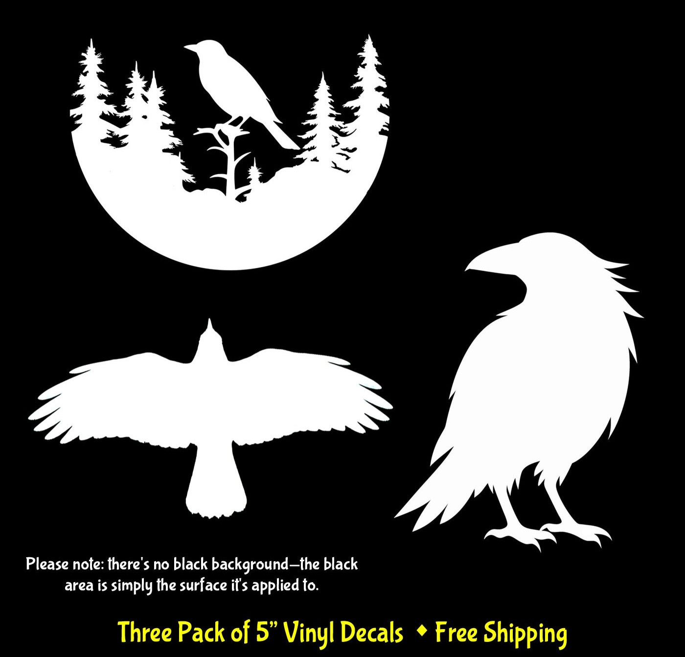 Crow Raven Three Pack of 5" White or Black Vinyl Decals Car Truck Van Windows