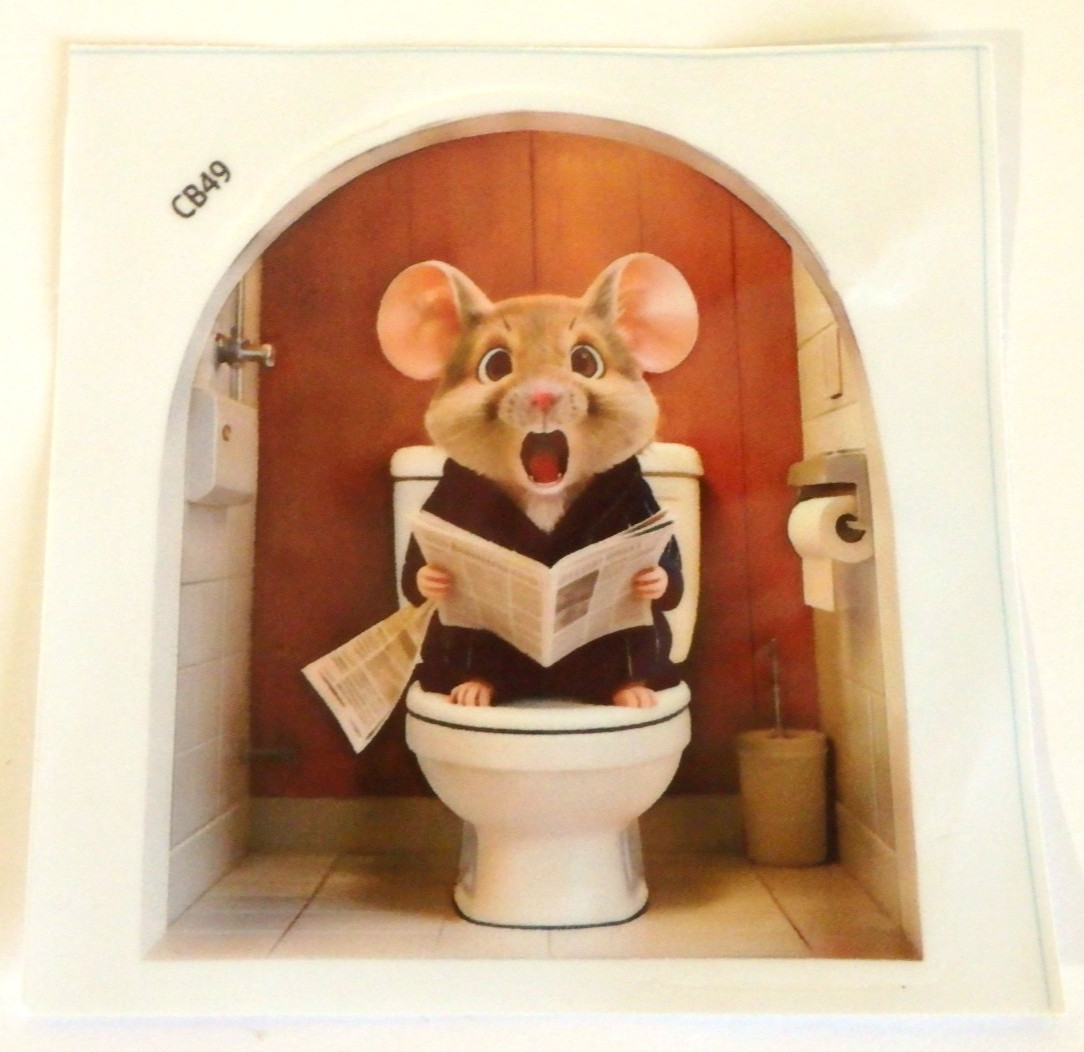 Mouse on Toilet in Mouse Hole – Wall Sticker 3" x 3.5" Vinyl Decal Sticker