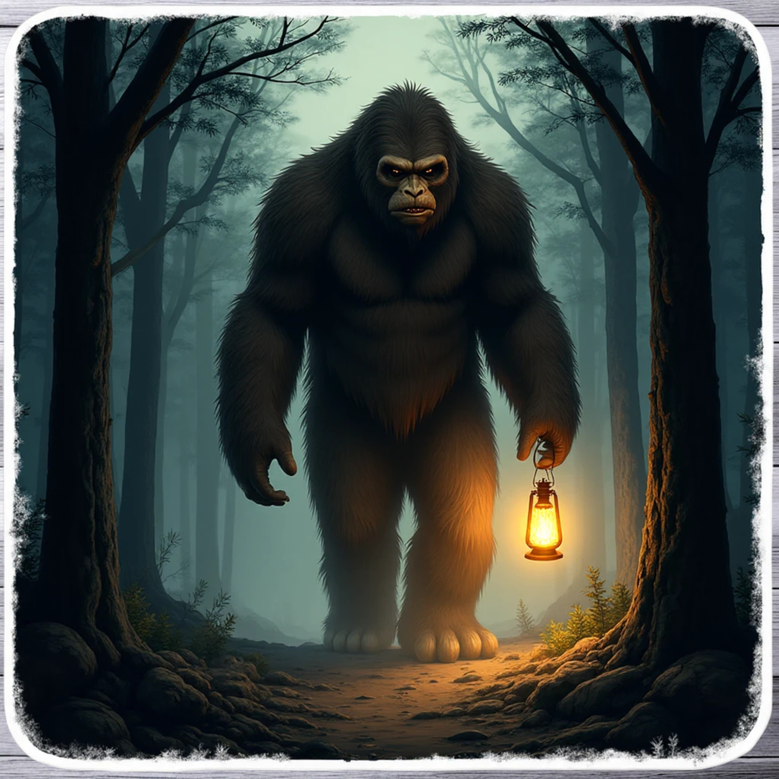 Bigfoot sticker vinyl decal sasquatch lantern forest creepy retro night art