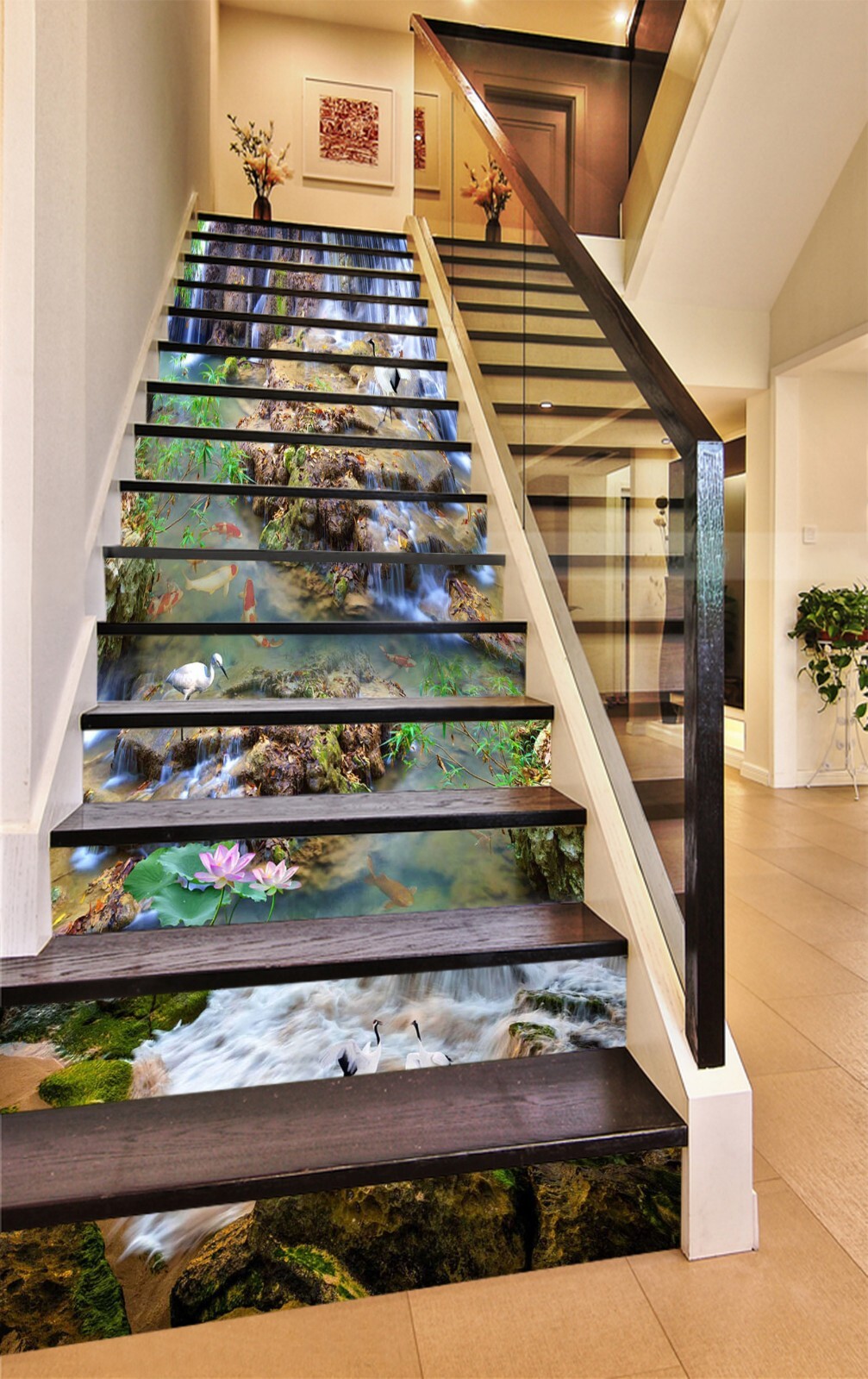 3D Waterfall Lotus AZ857 Stair Risers Decoration Mural Vinyl Wallpaper Kay