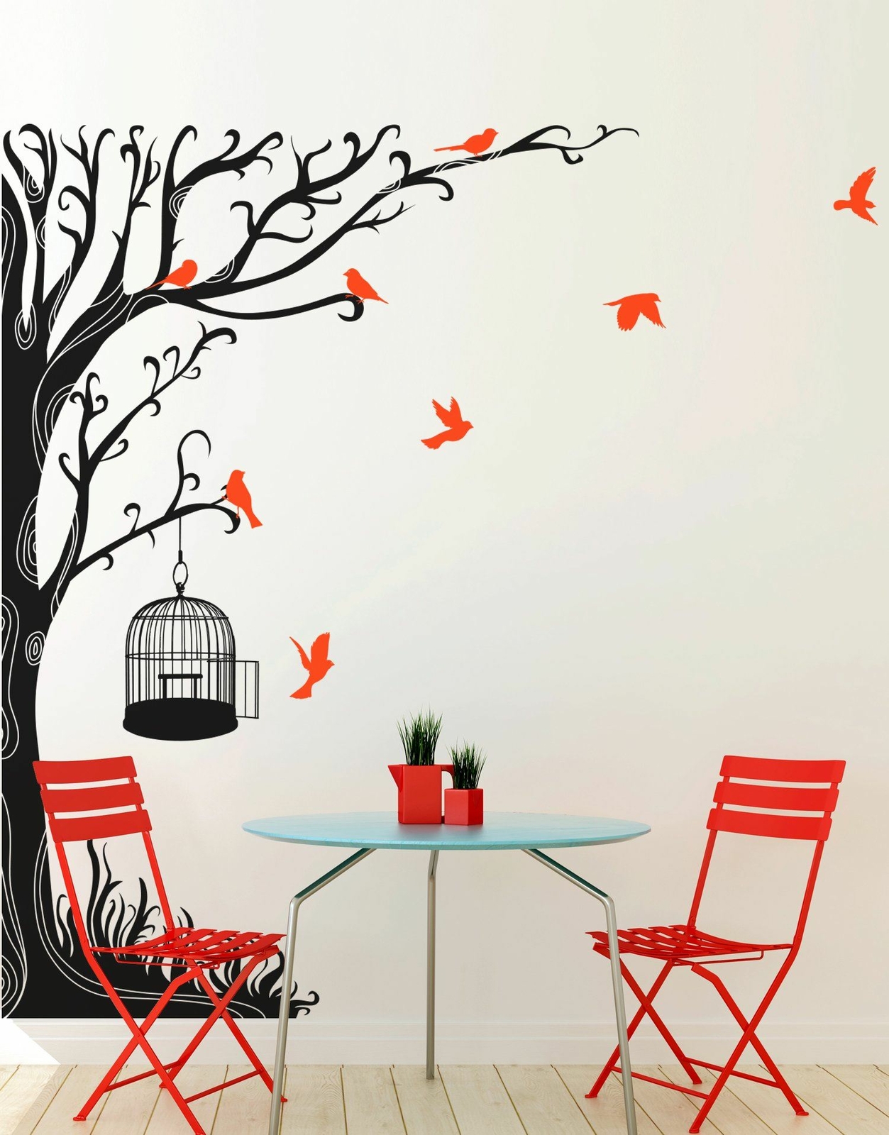 Swirly Tree with Bird Cage Wall Decal Sticker. #6148