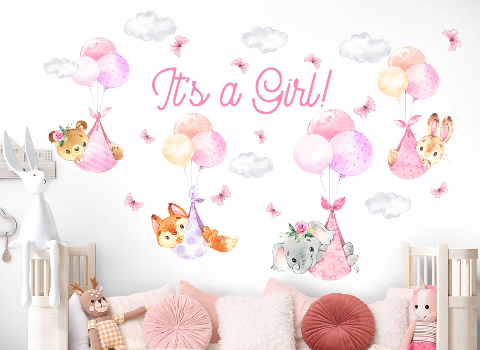 Balloon Newborn Girl Butterfly Elephant Fox Cloud Wall Fabric Decal and Sticker