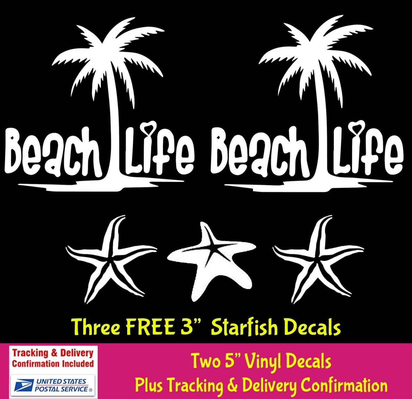 Beach Life Palm Tree- TWO White Vinyl Decals Car Truck Windows Laptop Notebook