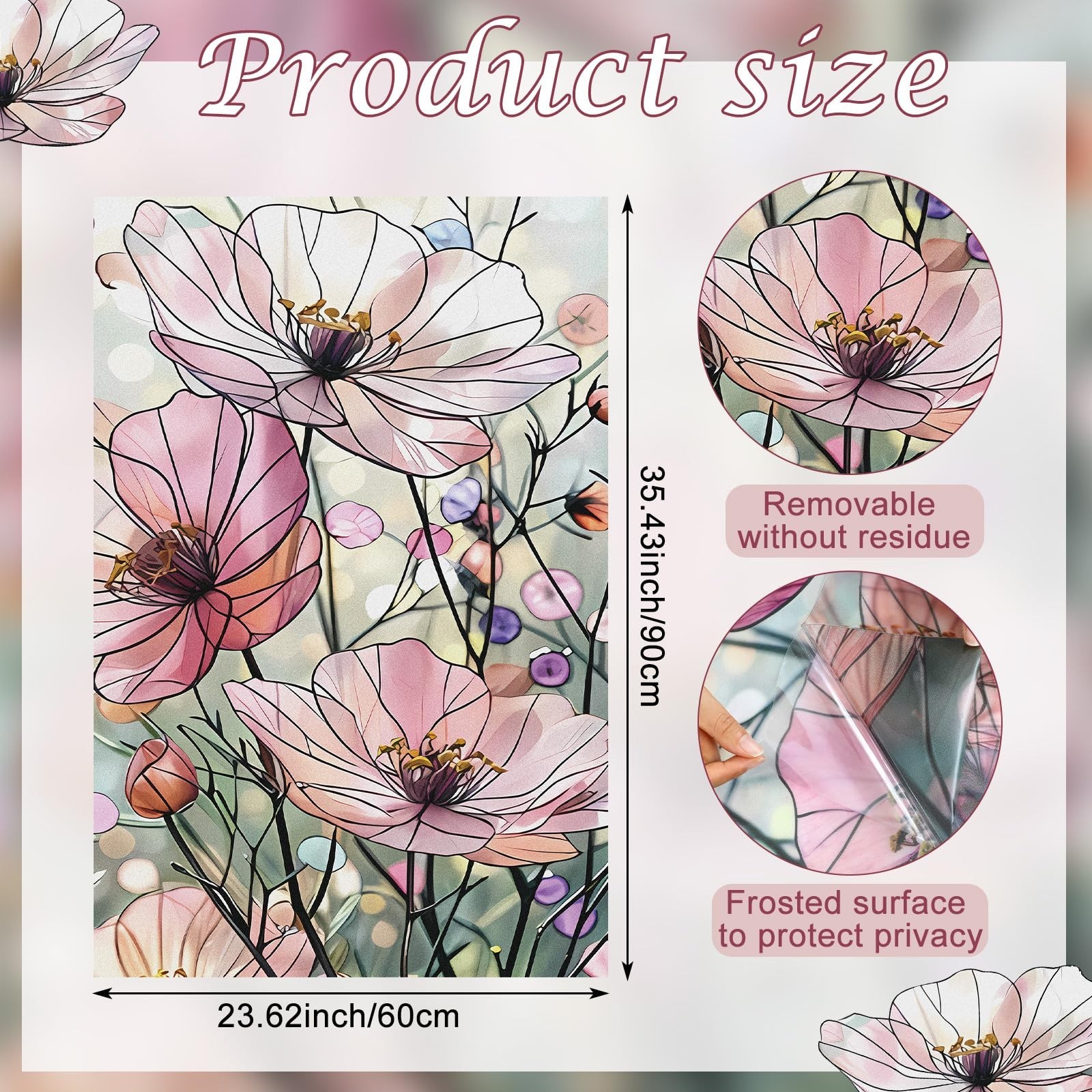 23. 6 x 35. 4 Inch Pink Poppy Glass Window Film Decorative Large Floral Non A…