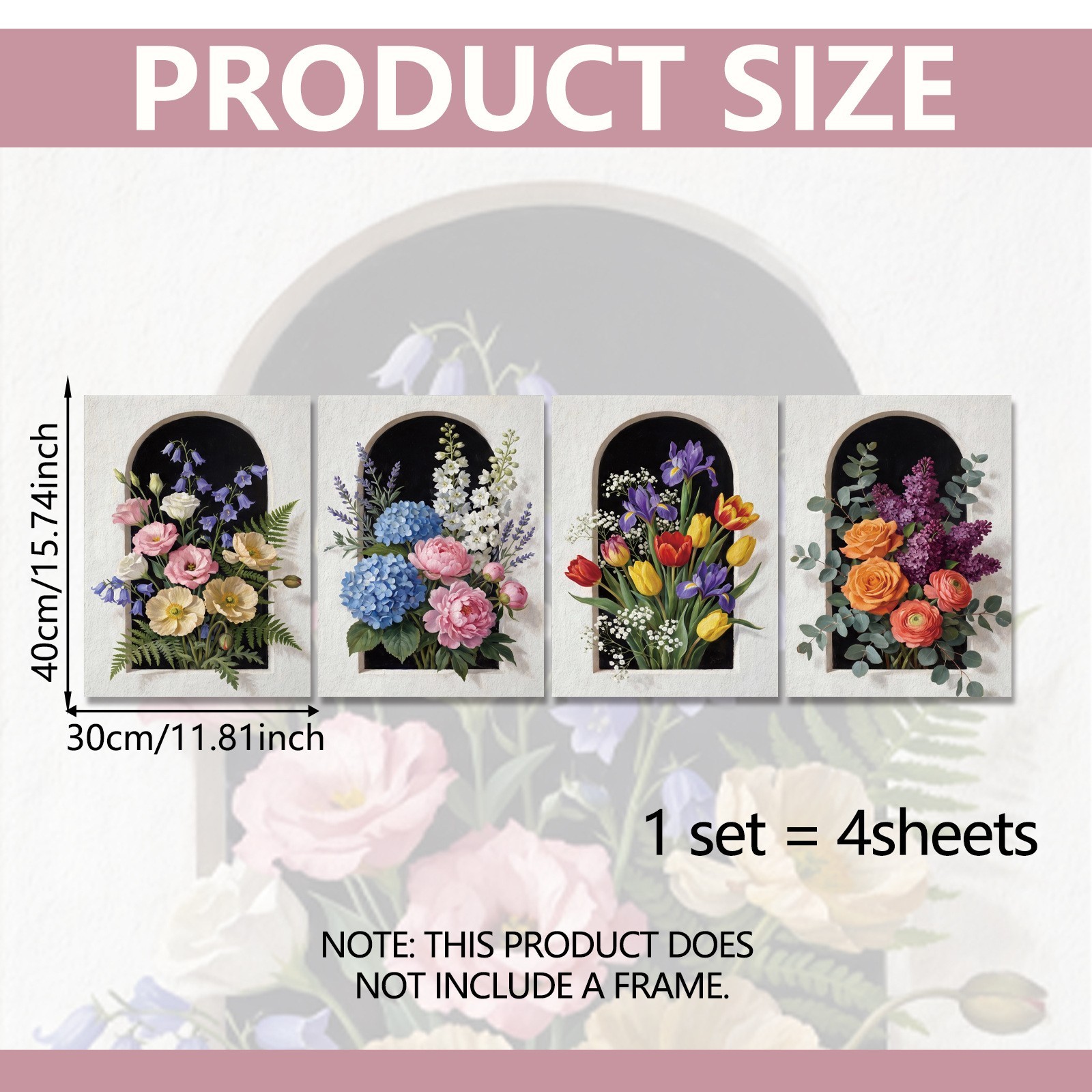 4 Piece Floral Wall Art Set Arch Window Design Canvas 30x40cm Home Decor