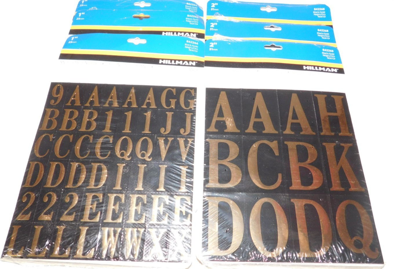HILLMAN MYLAR LETTERS NUMBERS 1" & 2" 3 PACKS OF EACH 84268 84266 Black Gold