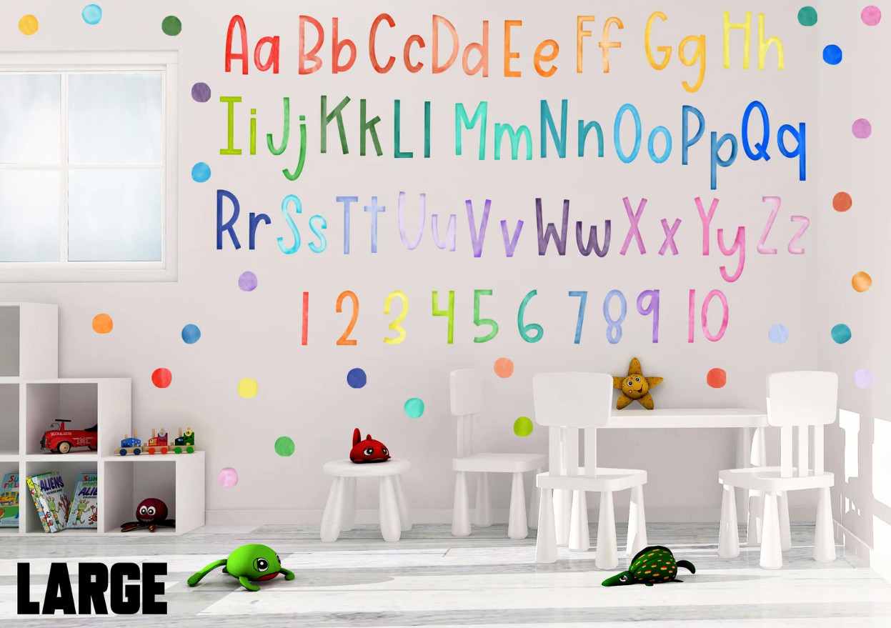 Watercolor Rainbow Alphabet Wall Decal Set Upper Case Lower Case Numbers Rainbow