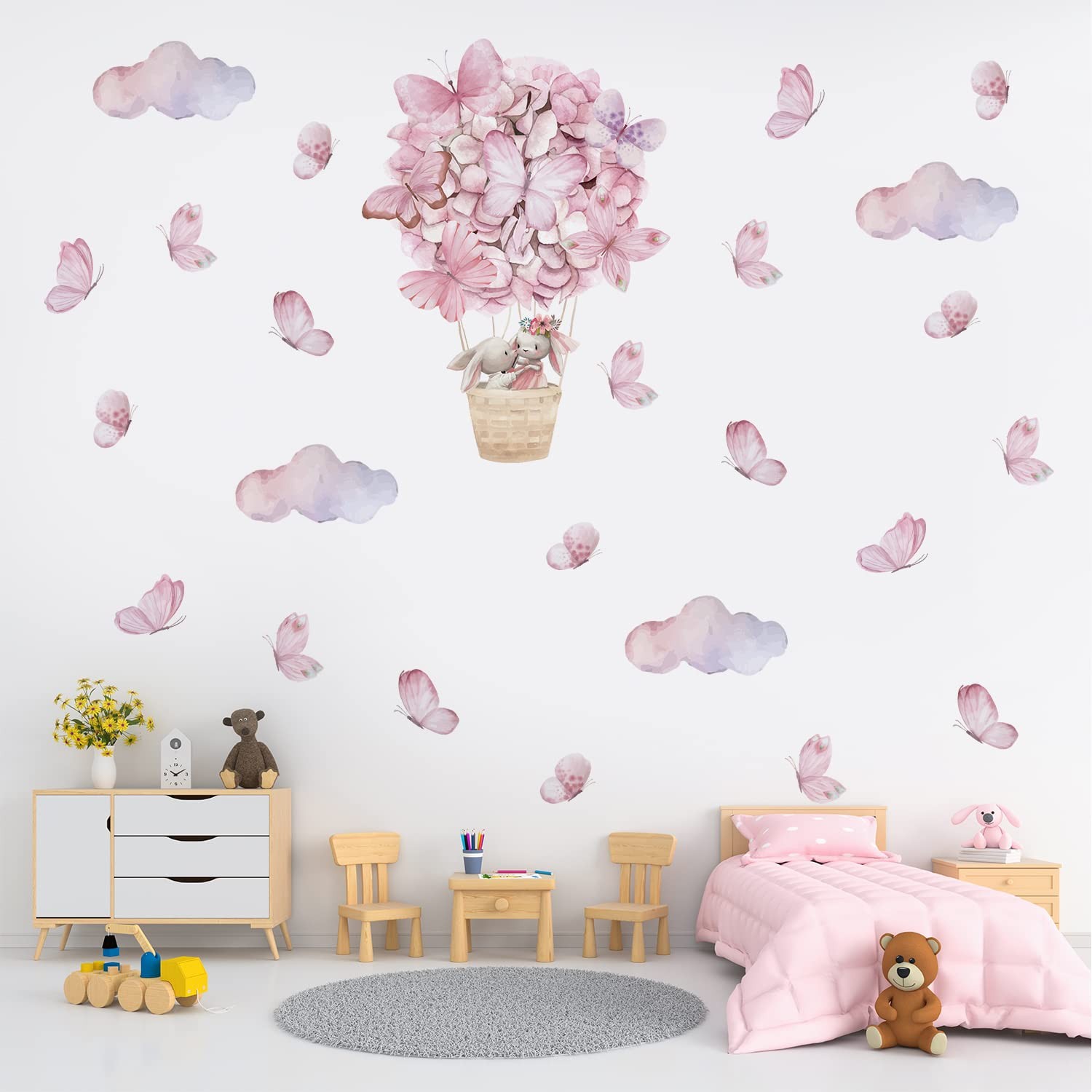 Pink Butterfly Cloud Bunny Hot Balloon Wall Decals, Removable Vinyl DIY Peel …