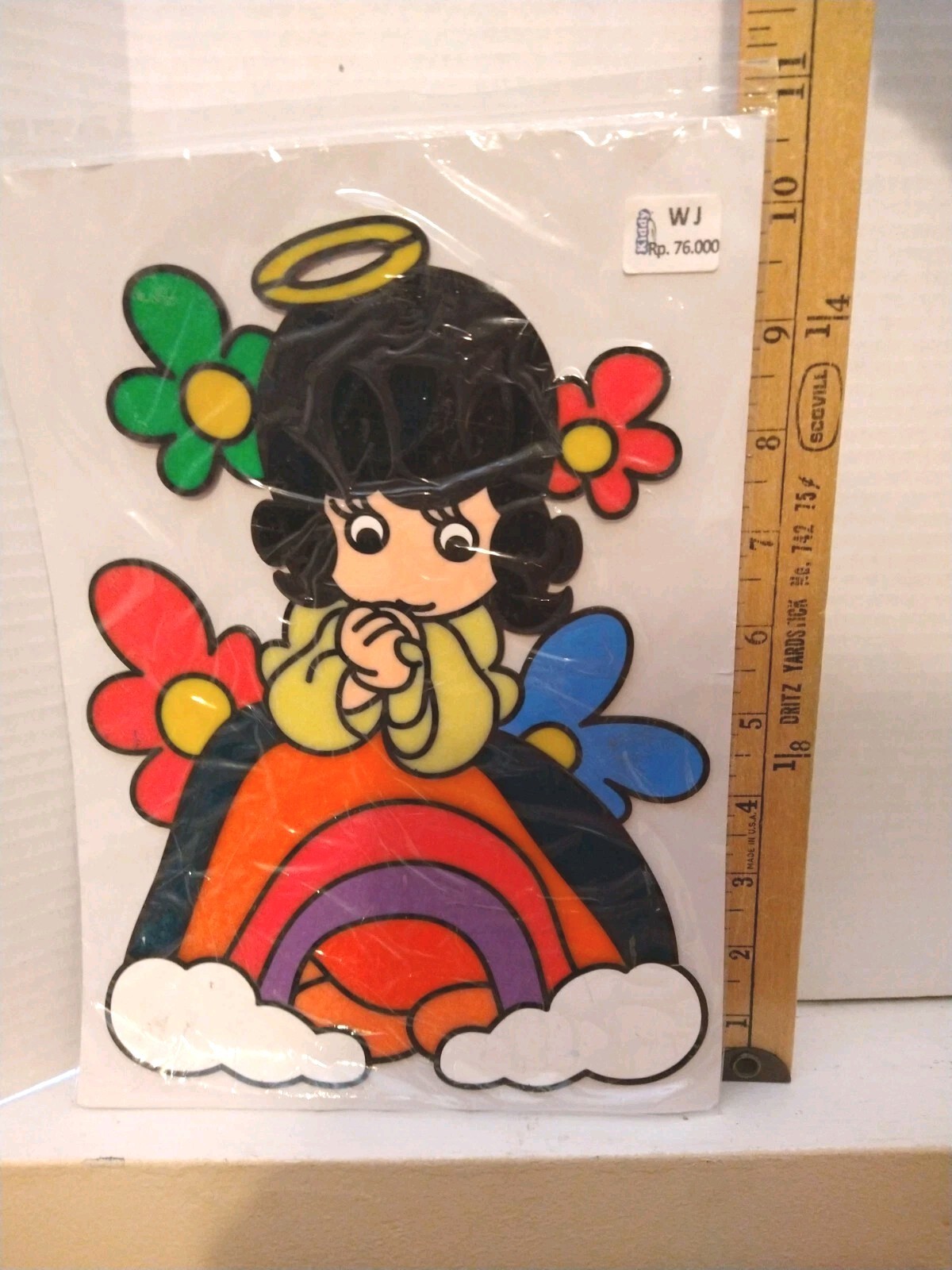 VINTAGE Decal From India Little Girl Angel on a Rainbow Stained Glass Effect 10"