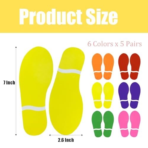 30 Pairs Colorful Footprint Stickers – 7" Decals for Floor, Wall, Stairs, Party