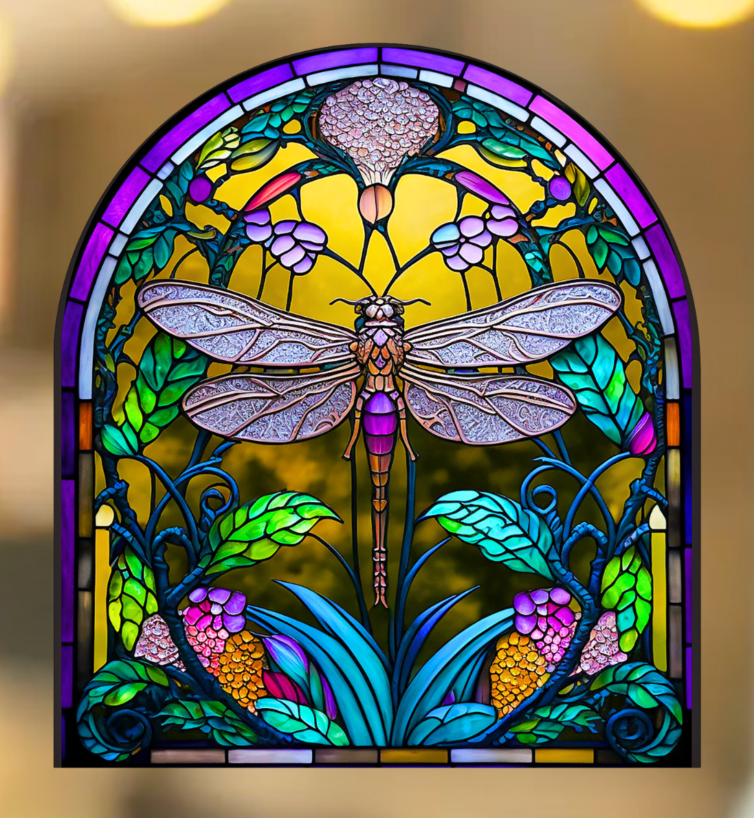Dragonfly Faux Stained-Glass WINDOW CLING Size 9" Arch Shaped Vinyl