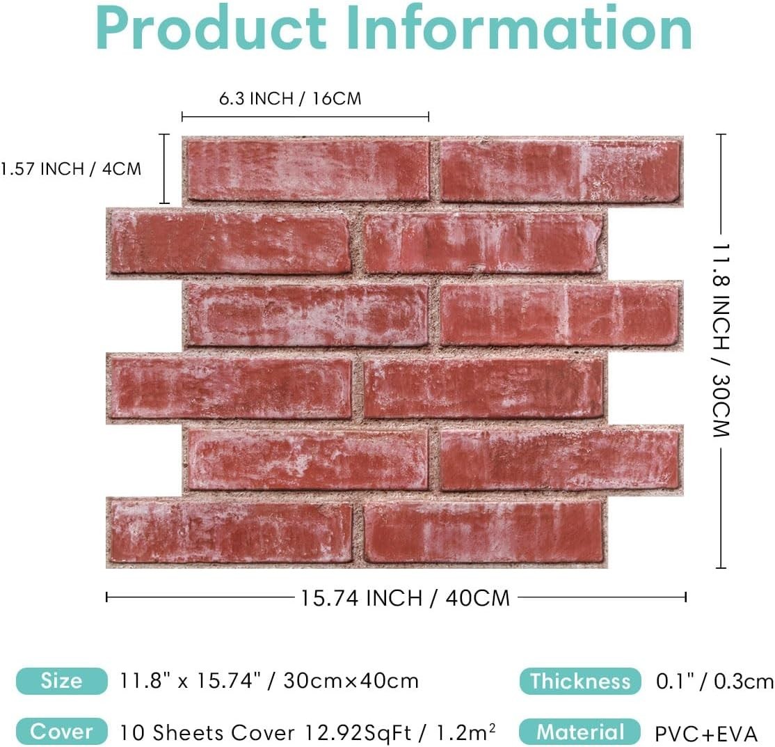 3D Faux Brick Wall Sticker – 10pcs 15.74" x 11.8" Thin UrltraLight PVC Peel