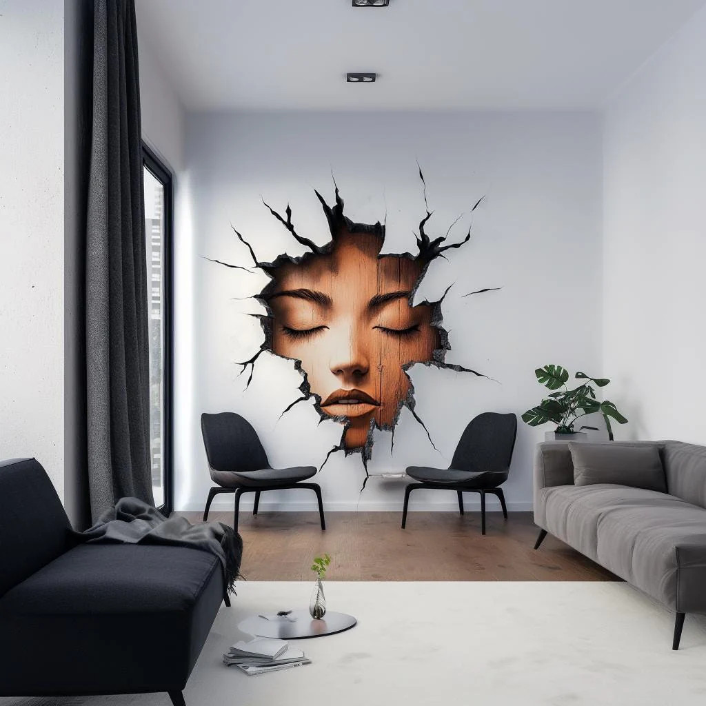 3D Cracked Wall Face Decal | Surreal Optical Illusion Wall Art