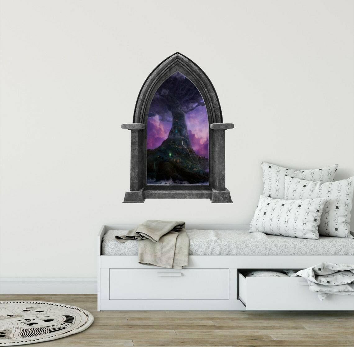 CastleScape Elf Tree Village 2 Wall Decal Stone Castle Window Vinyl Wall Sticker