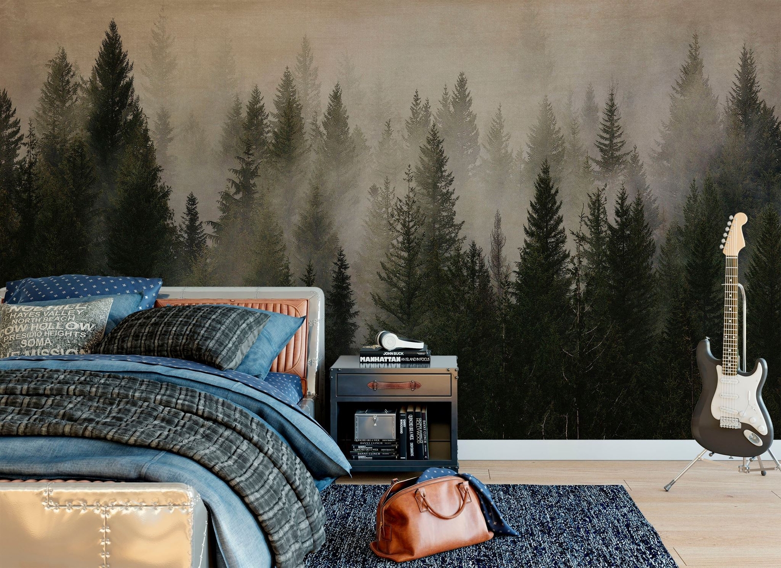 Misty Pine Tree Forest Landscape Wallpaper. Peel and Stick Wall Mural. Self Adhe