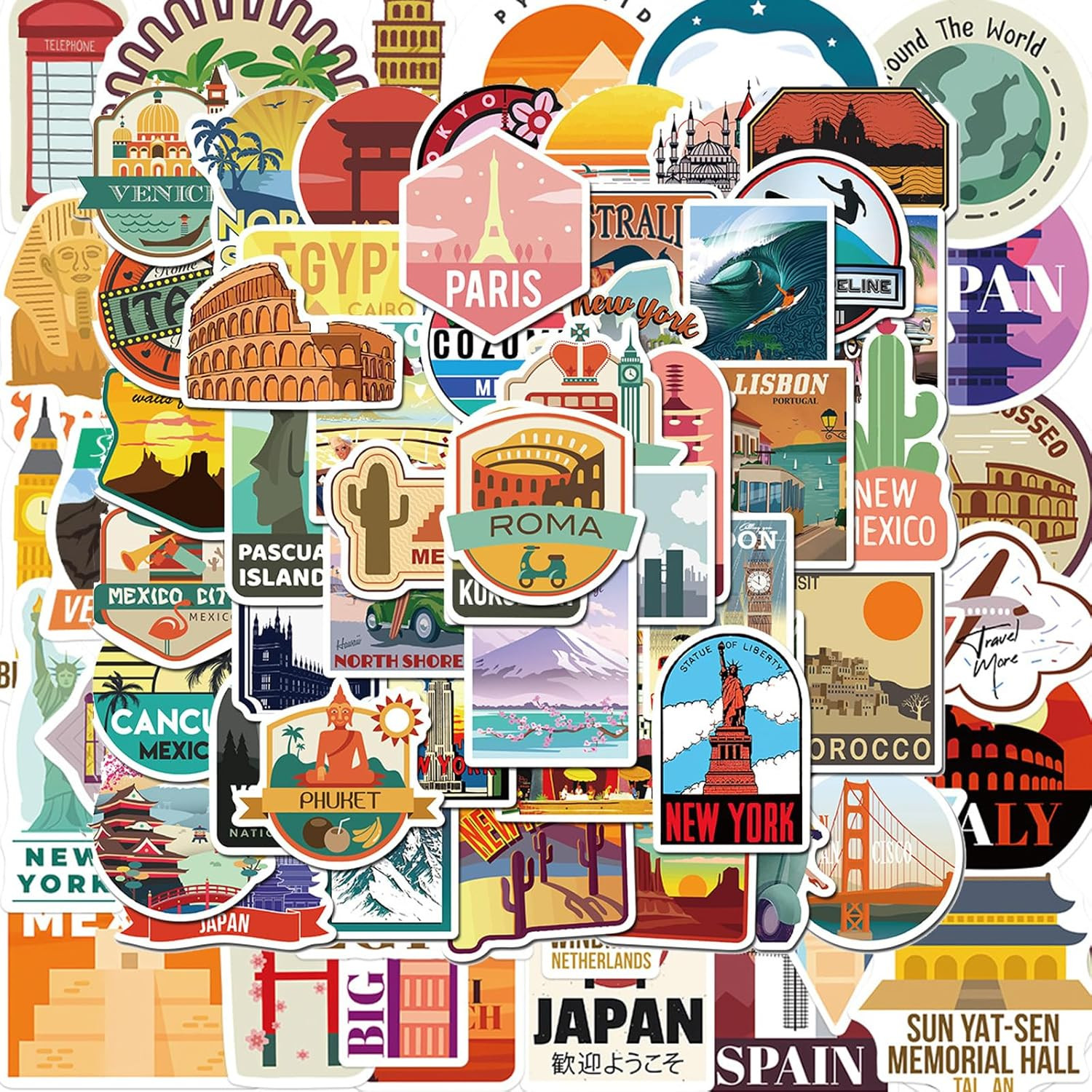 World Travel Sticker Pack 100PCS Waterproof Vinyl Decals for Luggage and Laptop