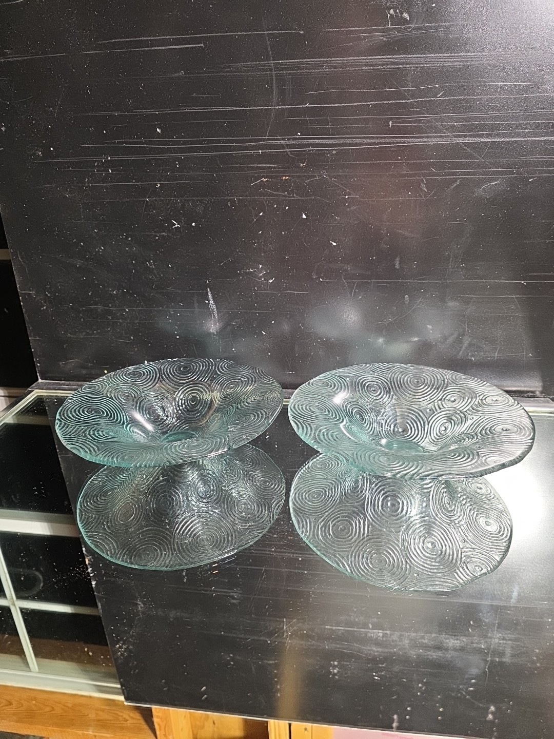 Vintage Clear Glass Pedestal Bowl Concentric Swirl Spiral Textured Art Glass 9"