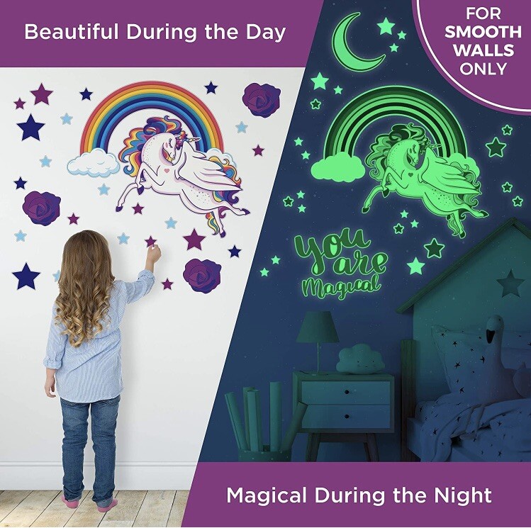 Unicorn & Stars Glow In The Dark Wall Stickers For Kids Baby Bedroom NIP