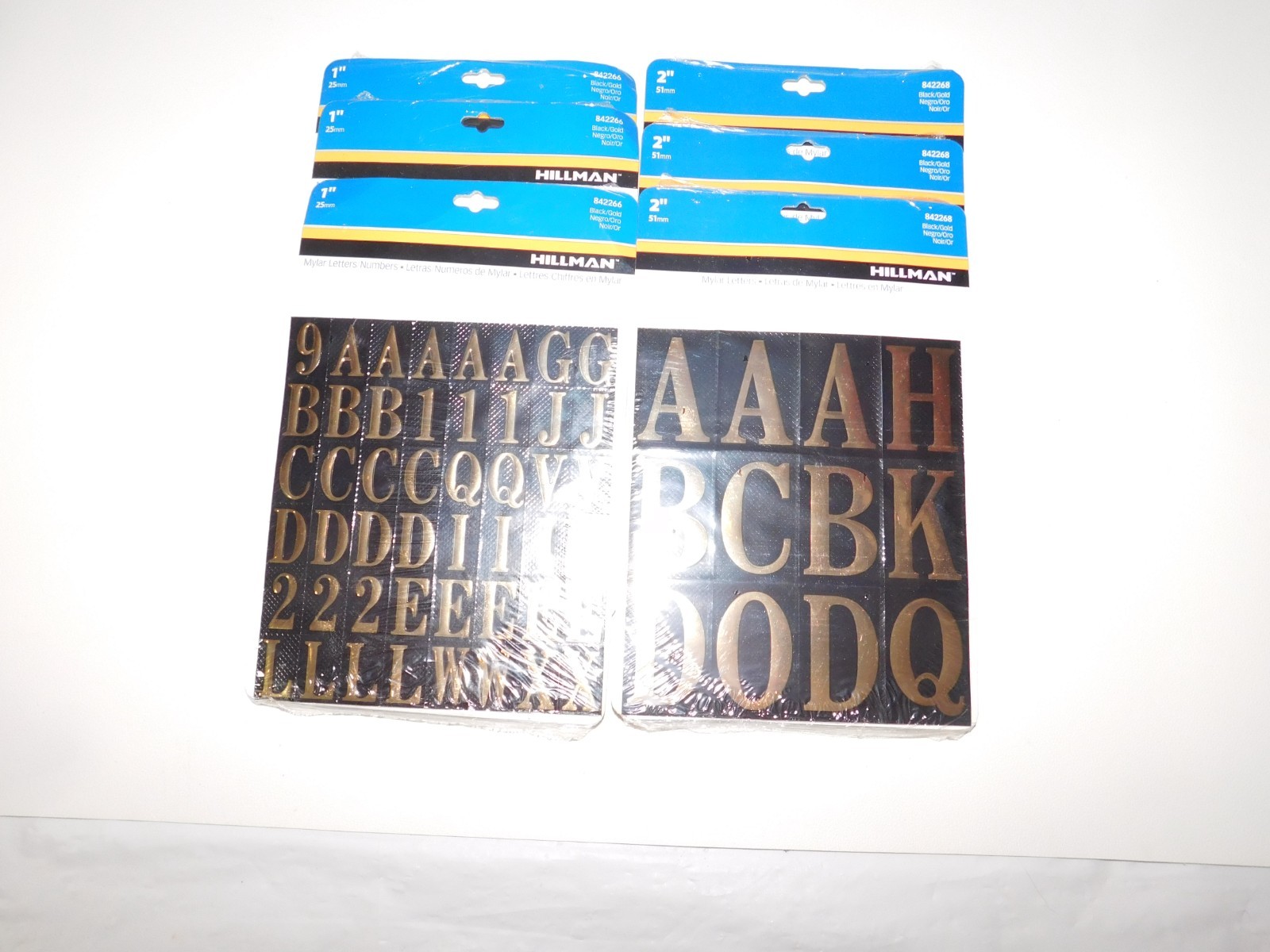 HILLMAN MYLAR LETTERS NUMBERS 1" & 2" 3 PACKS OF EACH 84268 84266 Black Gold