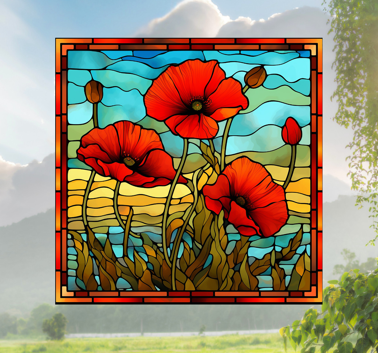 Poppy Faux Stained-Glass WINDOW CLING Size 10.6" Arch Shape ~ Vinyl