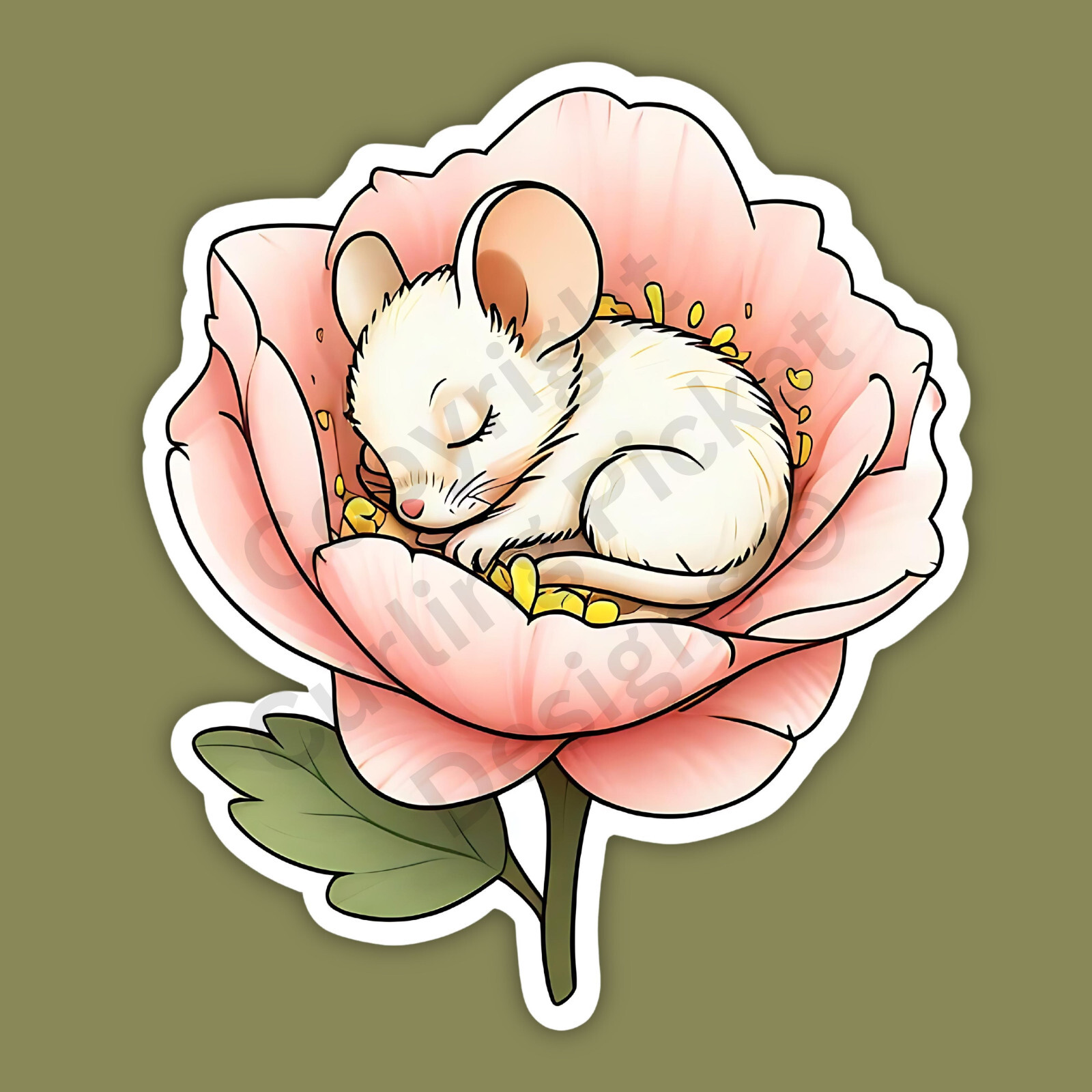 Mouse Sleeping in a Pink Flower Adorable 3" Vinyl Sticker
