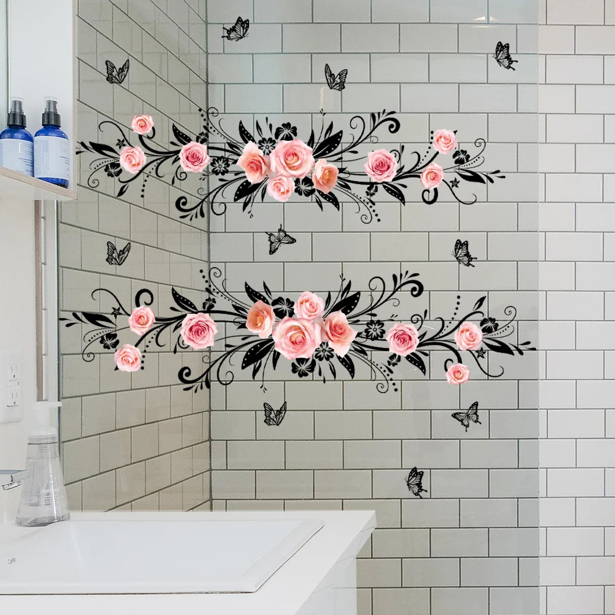 Pink Rose Black Butterfly Glass Clings Double-Sided Window Film Bathroom Decor