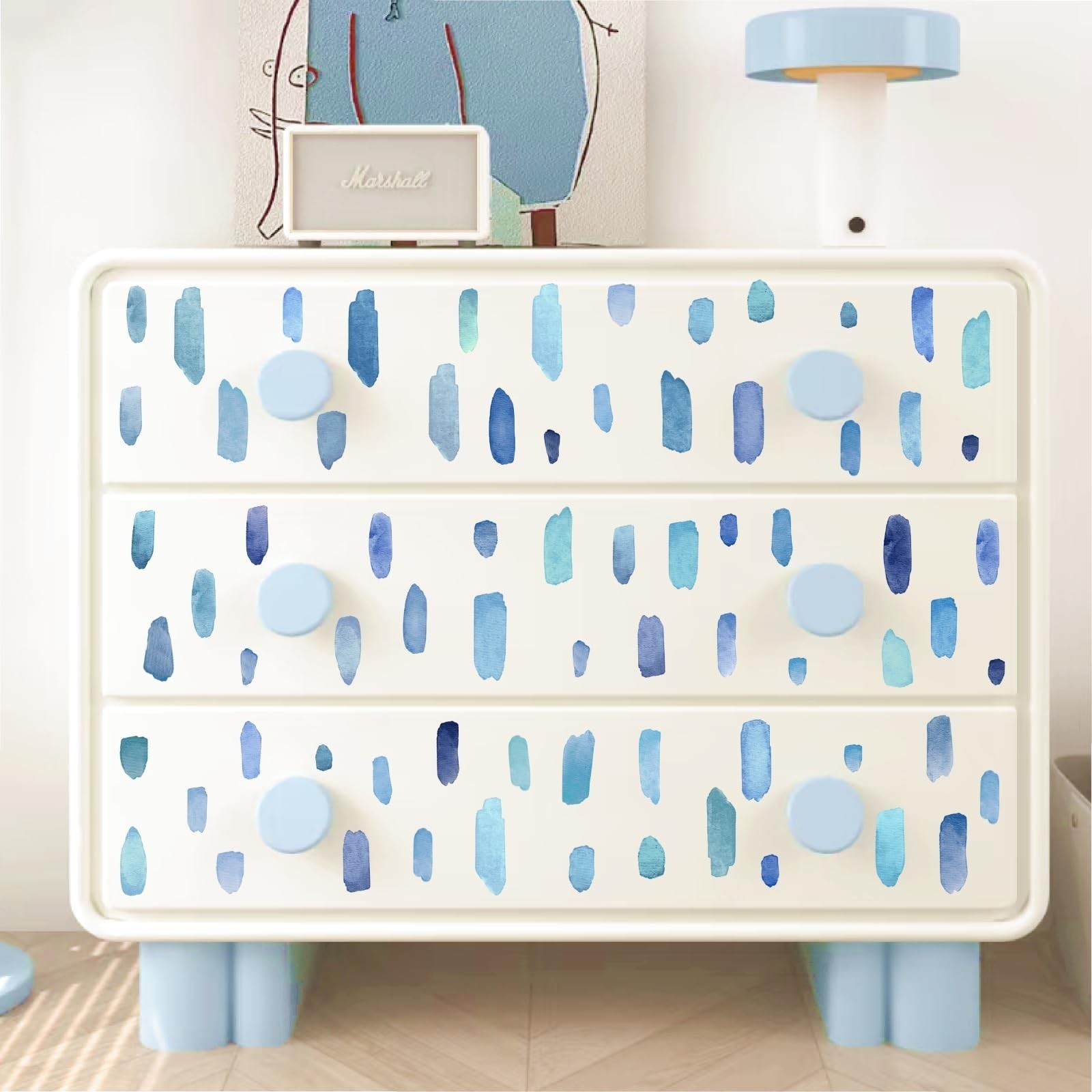 Boho Watercolor Wall Stickers – Removable Blue Stripes Decals for Kids' Room, Nu
