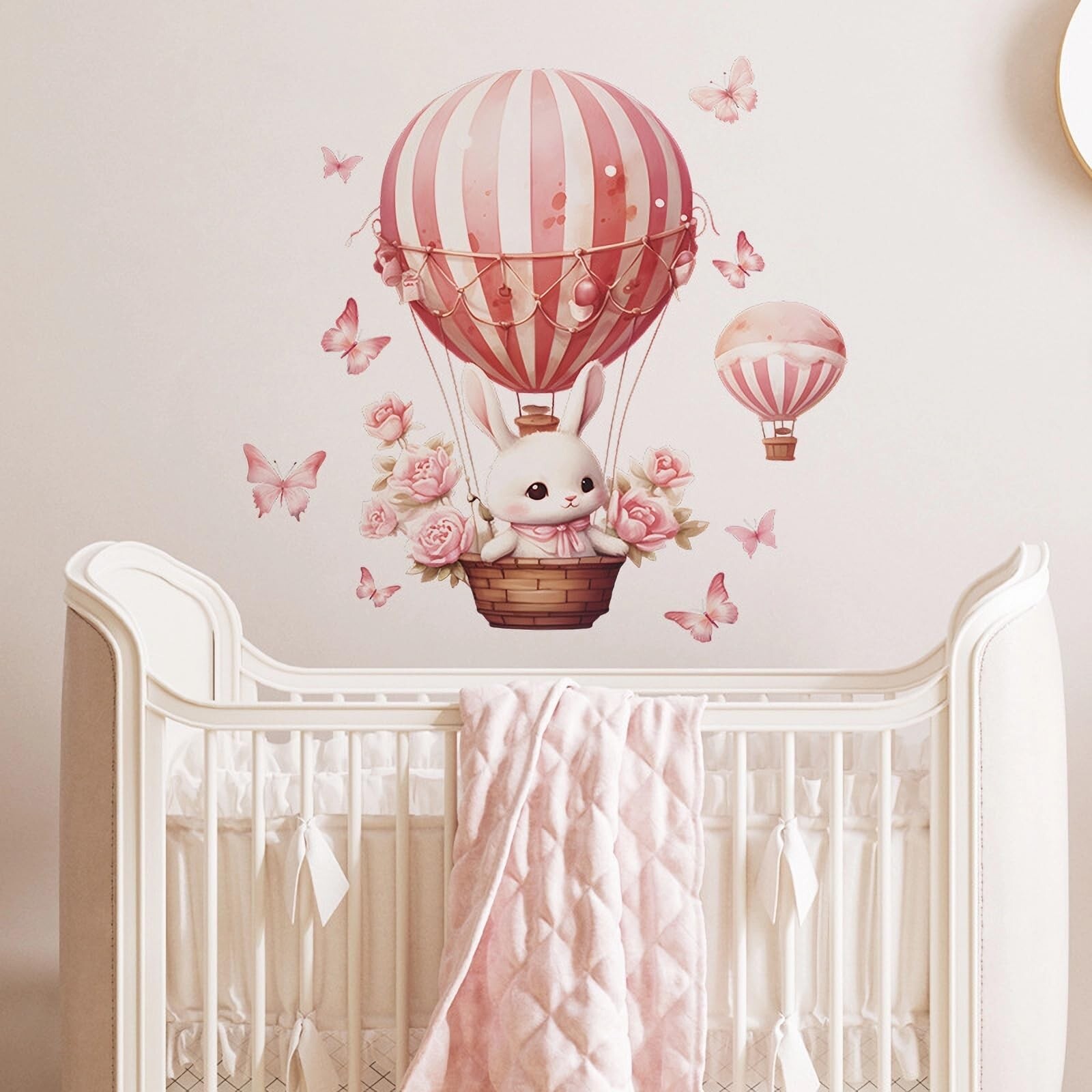 Pink Bunny Butterfly Rose Hot Air Balloon Wall Stickers, sacinora Cute Rabbit…