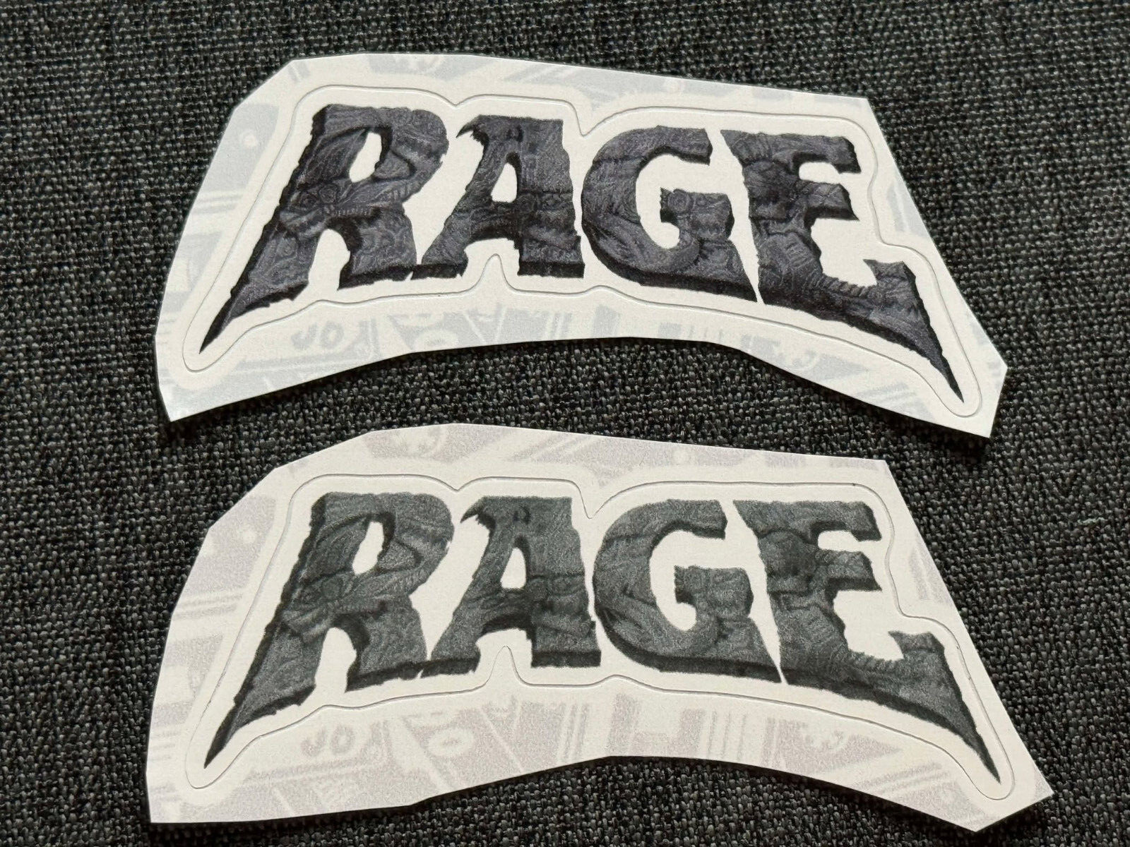 Lot (2) RAGE 1 1/4" x 2 7/8" Band Logo STICKERS Black White FAST! FREE! Peavy