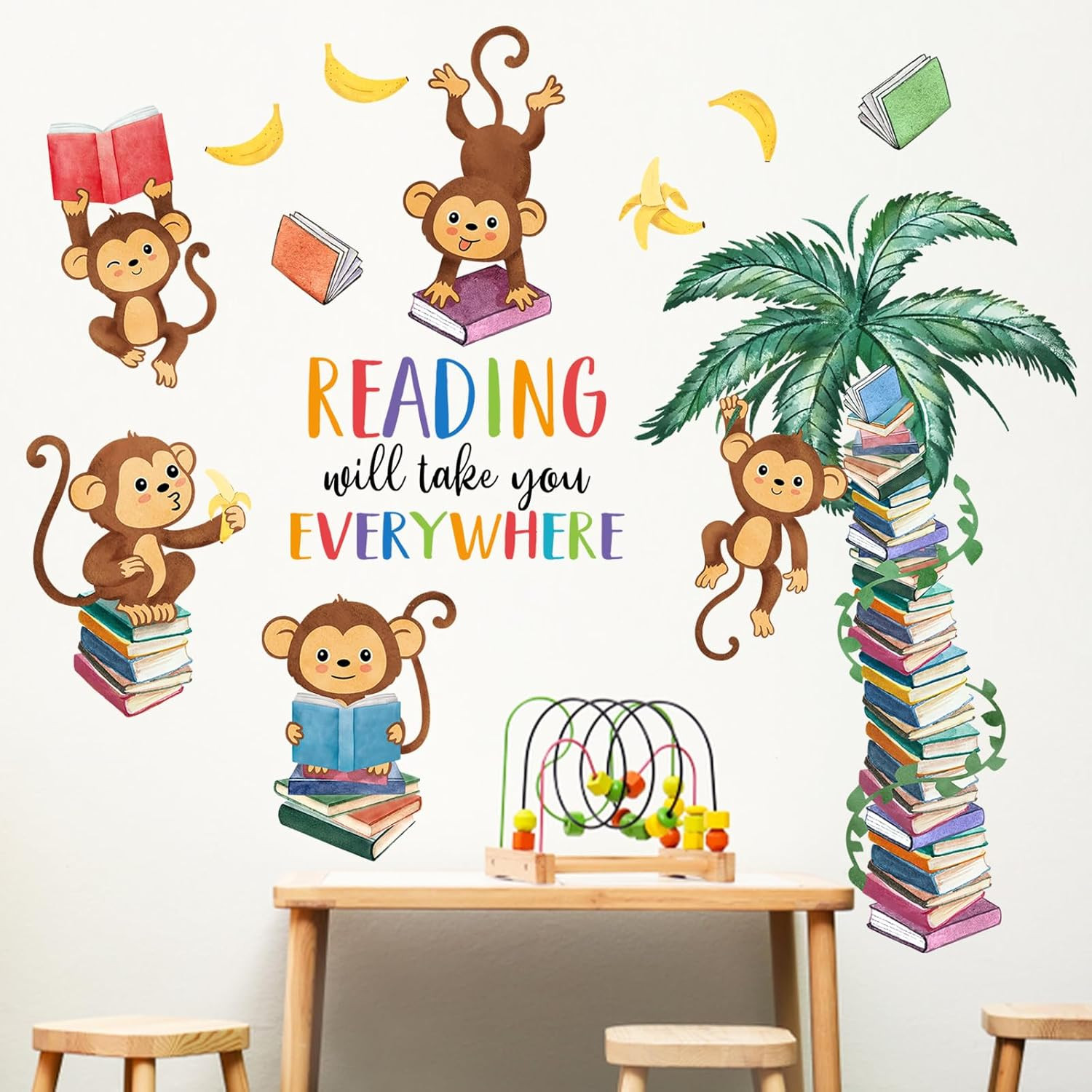 Monkey Reading Book Wall Decals Stickers, Reading Will Take You Everywhere Nurse