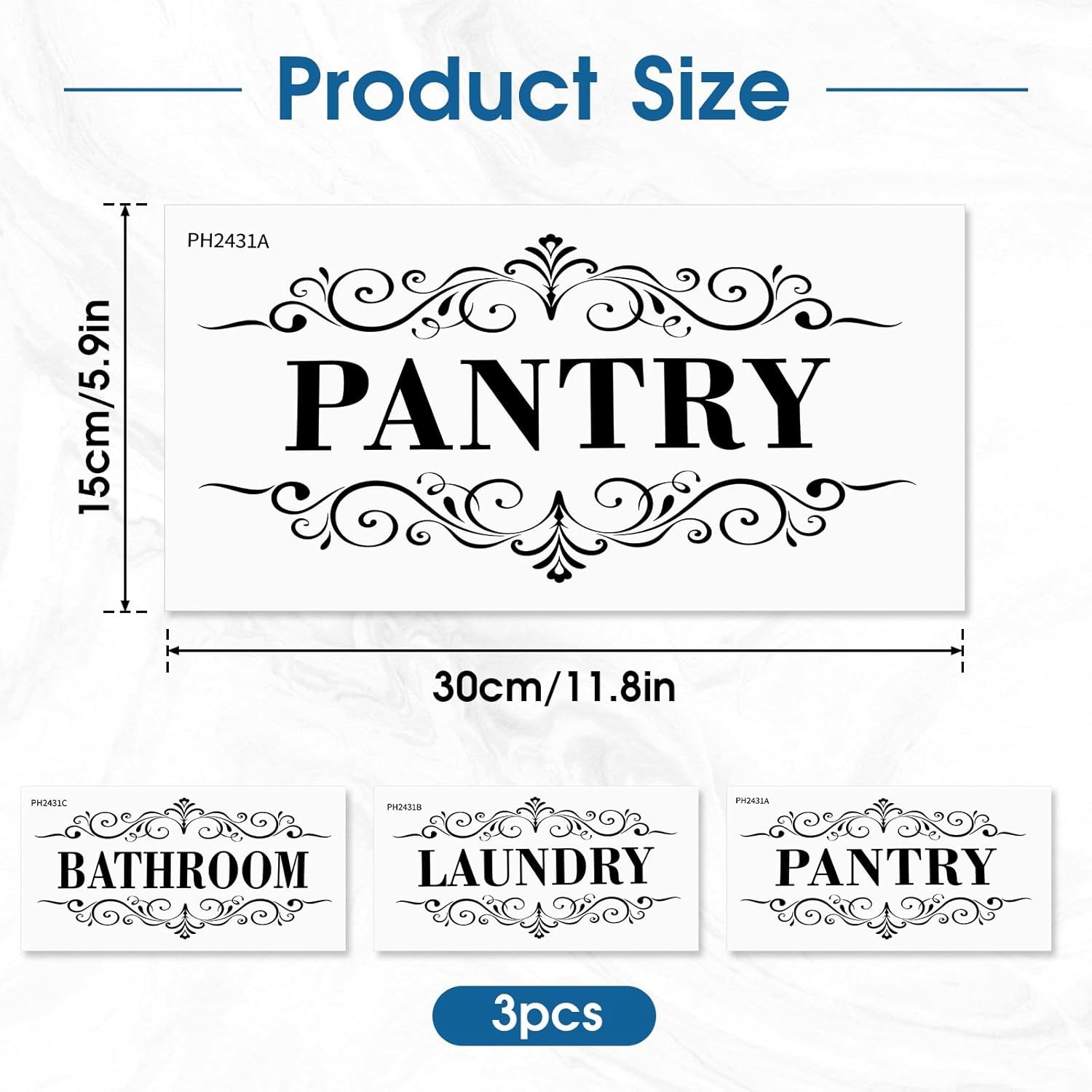 3 Pcs Pantry Room Vinyl Wall Stickers Laundry Bathroom Decal, White