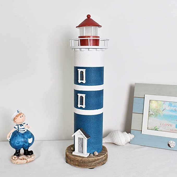 Wooden Lighthouse with Lights Nautical Tabletop Figurine Beach Themed (Blue)