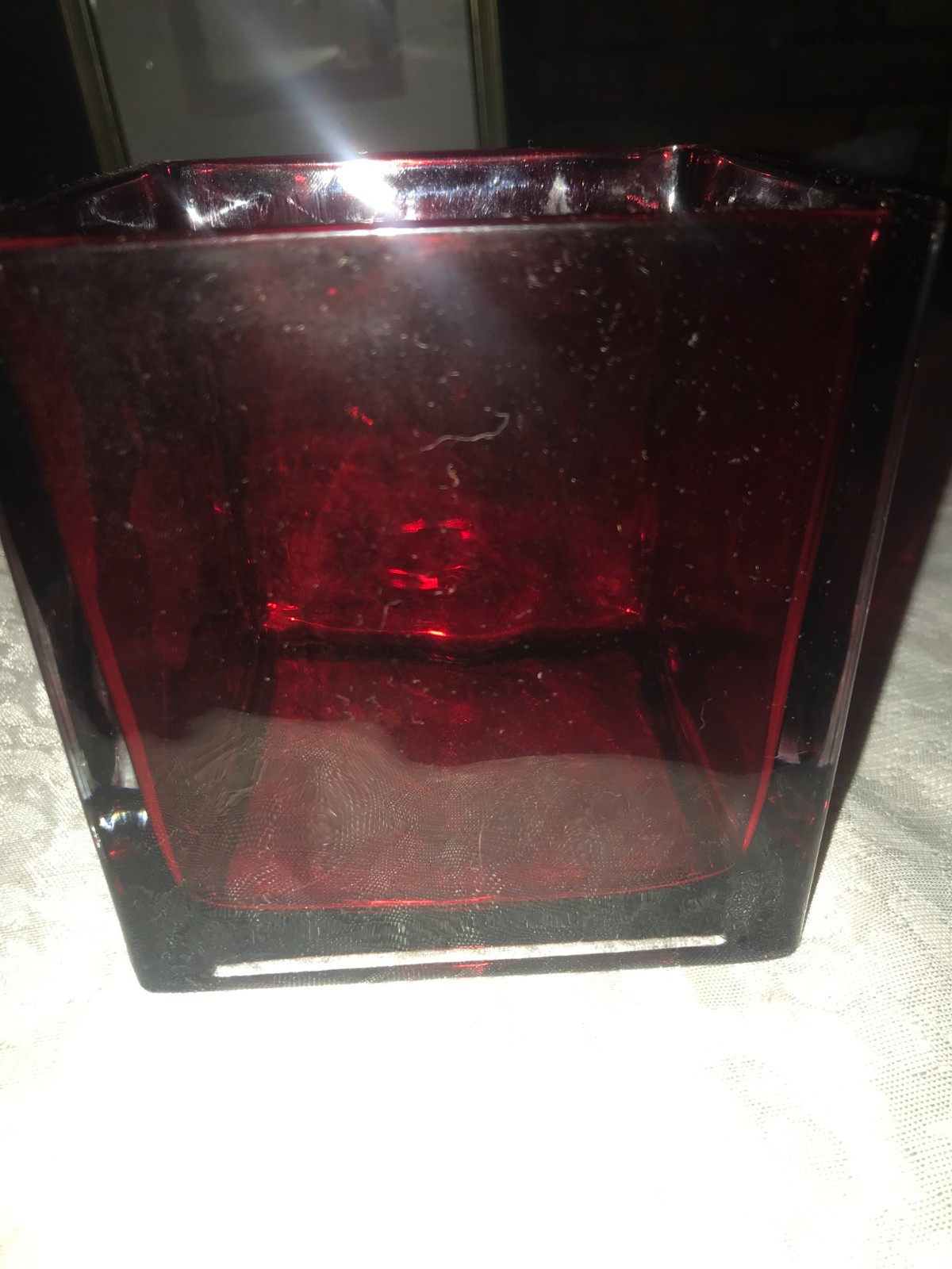 APPLE Inc. WHITE Iconic LOGO Red HEAVY Glass VASE Planter BOWL 4¾" SQUARE Cube