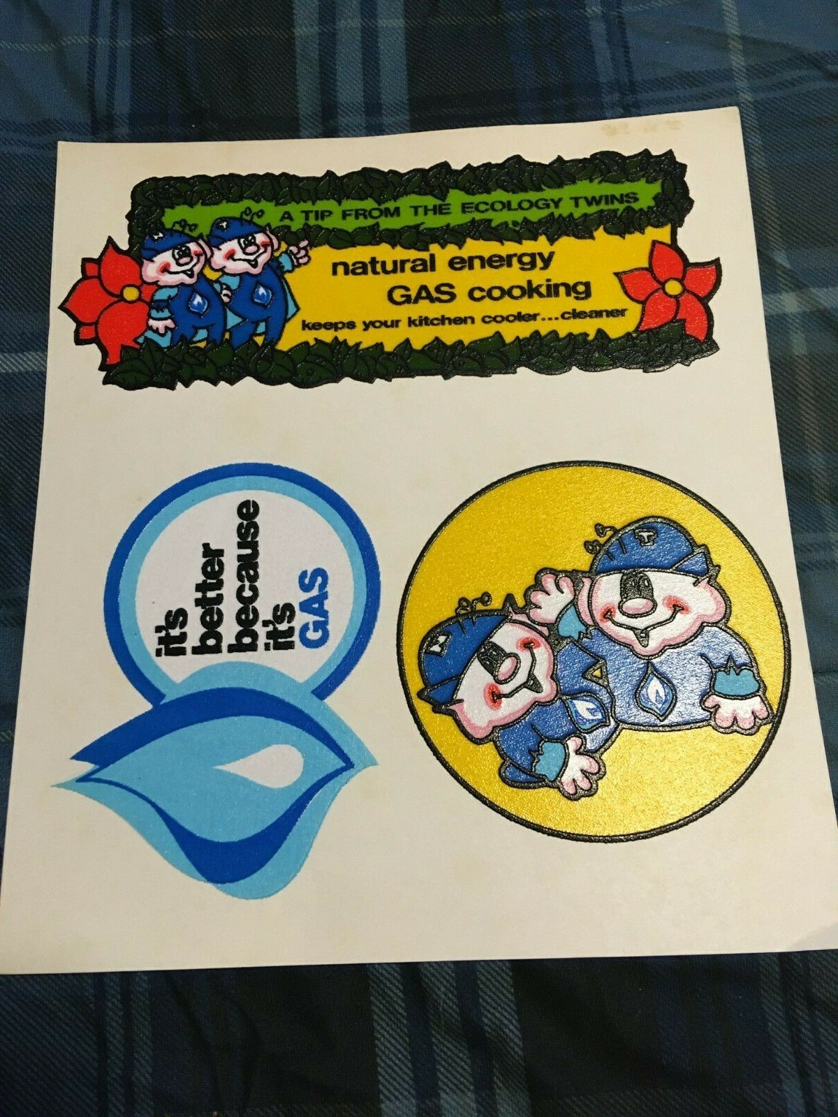 VINTAGE NATURAL ENERGY COOKING GAS ECOLOGY TWINS ELFS ELVES TEXTURED STICKERS