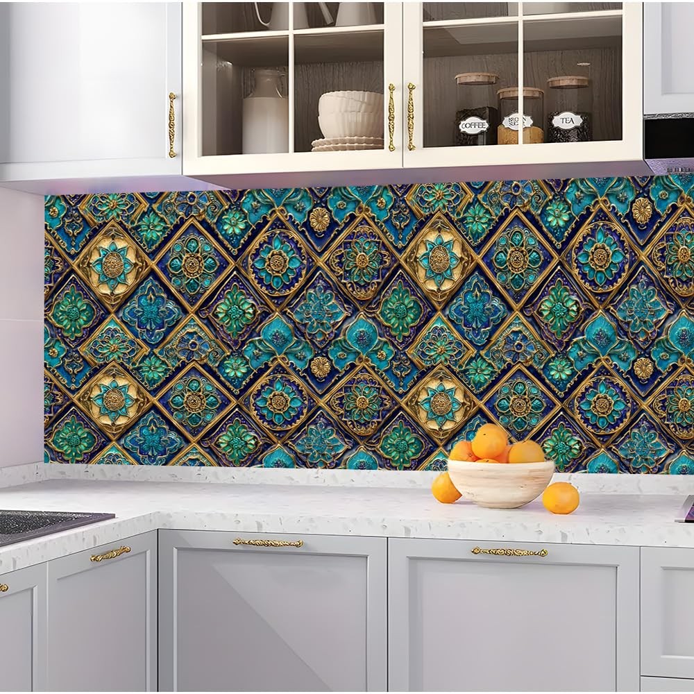 Spring Summer Moroccan Tile Wall Decals, Blue Gold Mosaic Peel and Stick Wall…