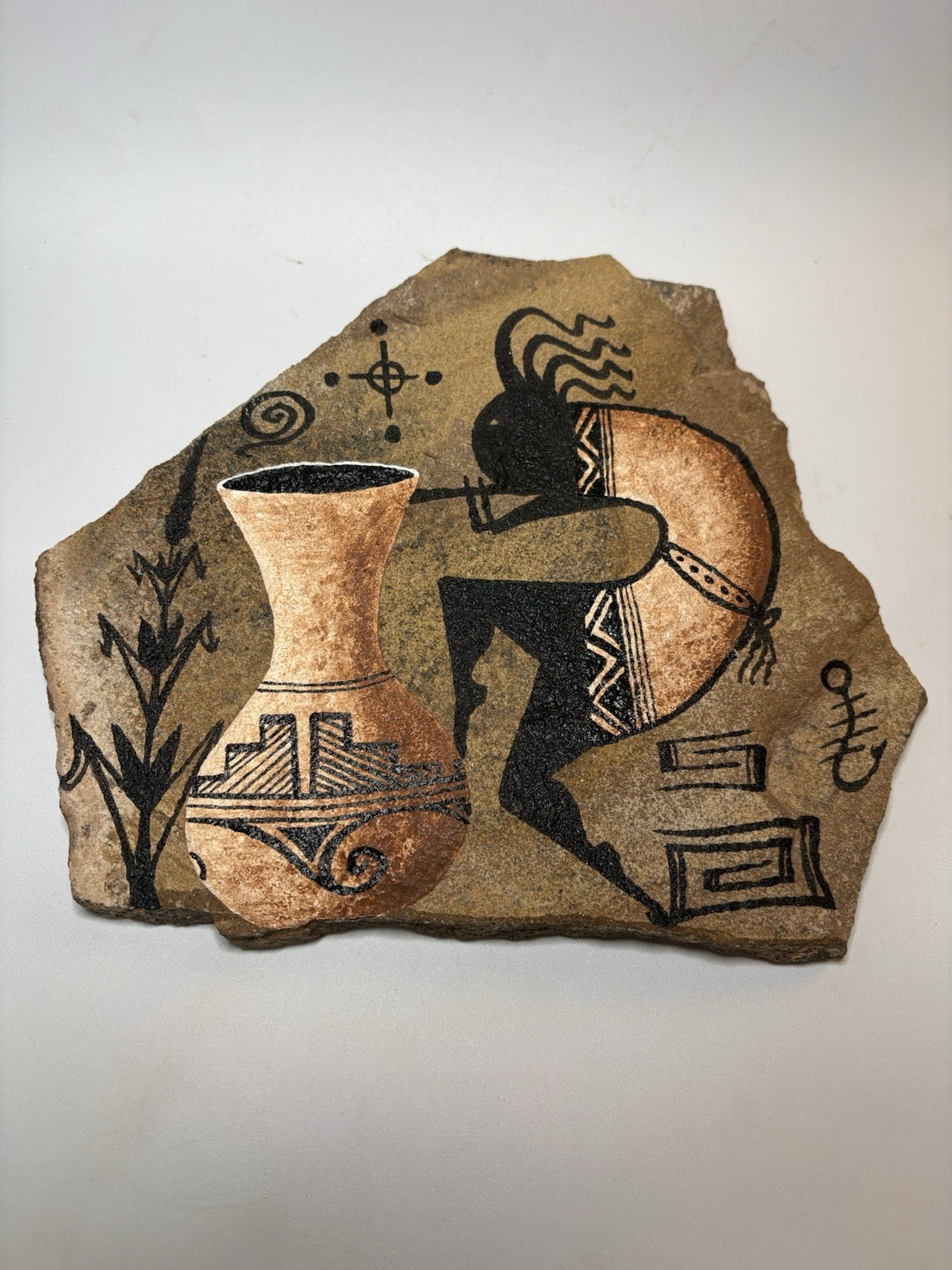 Kokopelli Stone Art Plaque Southwest Native Style Hand Painted Rock 8”