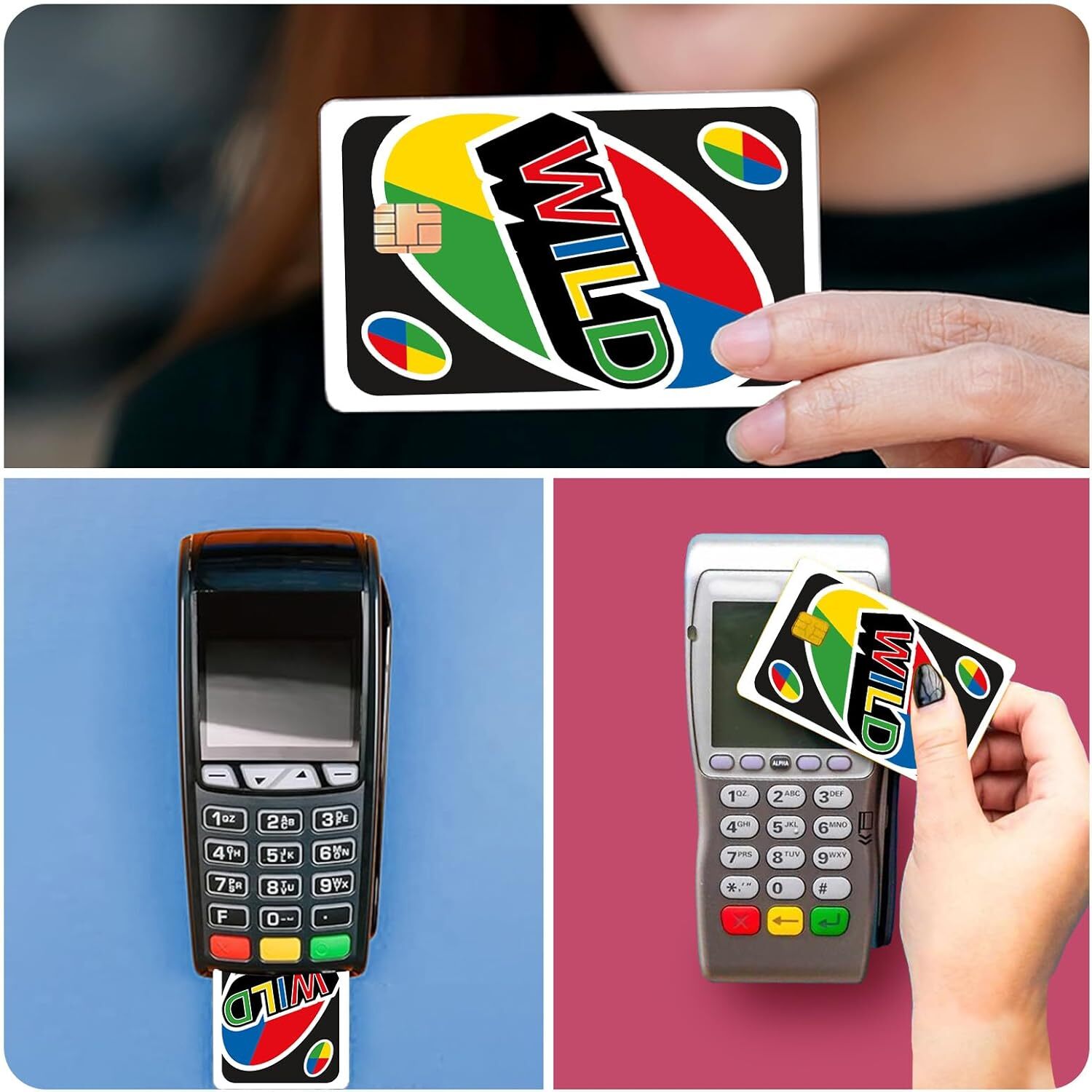 UNO Wild Card Skin (4-Pack) | Funny Game Night Sticker for Credit & Debit Card