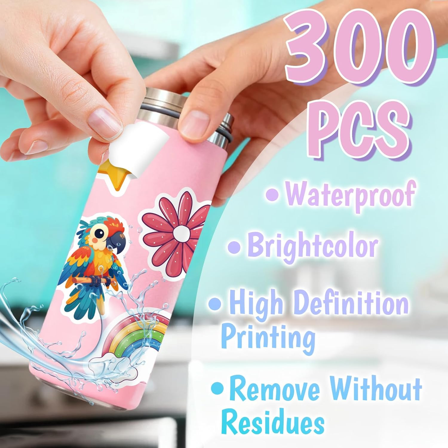 300 PCS Cute Stickers for Kids,Kawaii Water Bottle Sticker Pack for Teens,Waterp