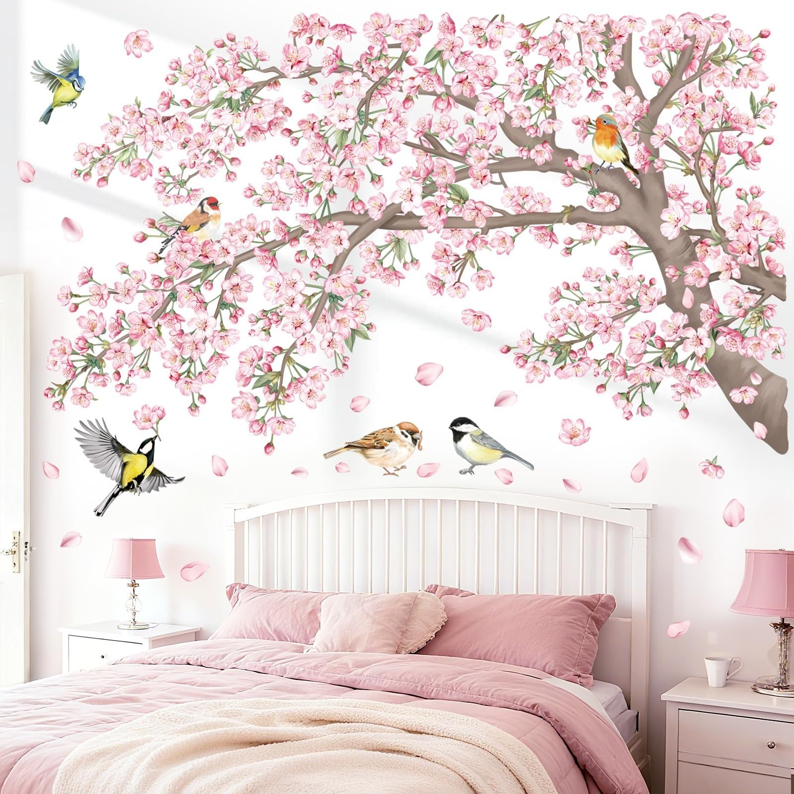 Large Cherry Blossom Tree Wall Stickers – Pink Floral Birds Decals for Nursery &