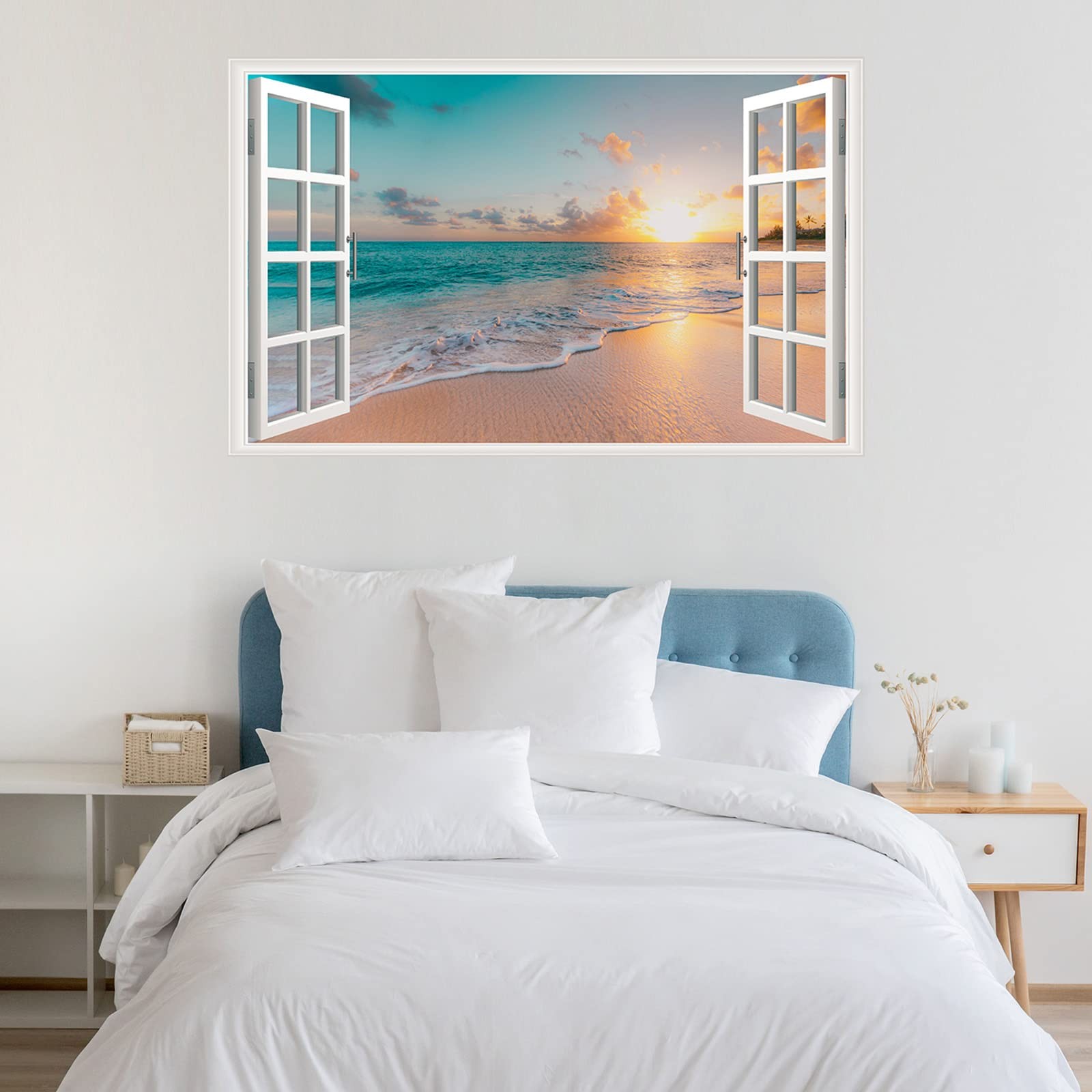 Sea Beach Wall Sticker Sunset Seascape Fake Window Wall Stickers Tropical Sandy
